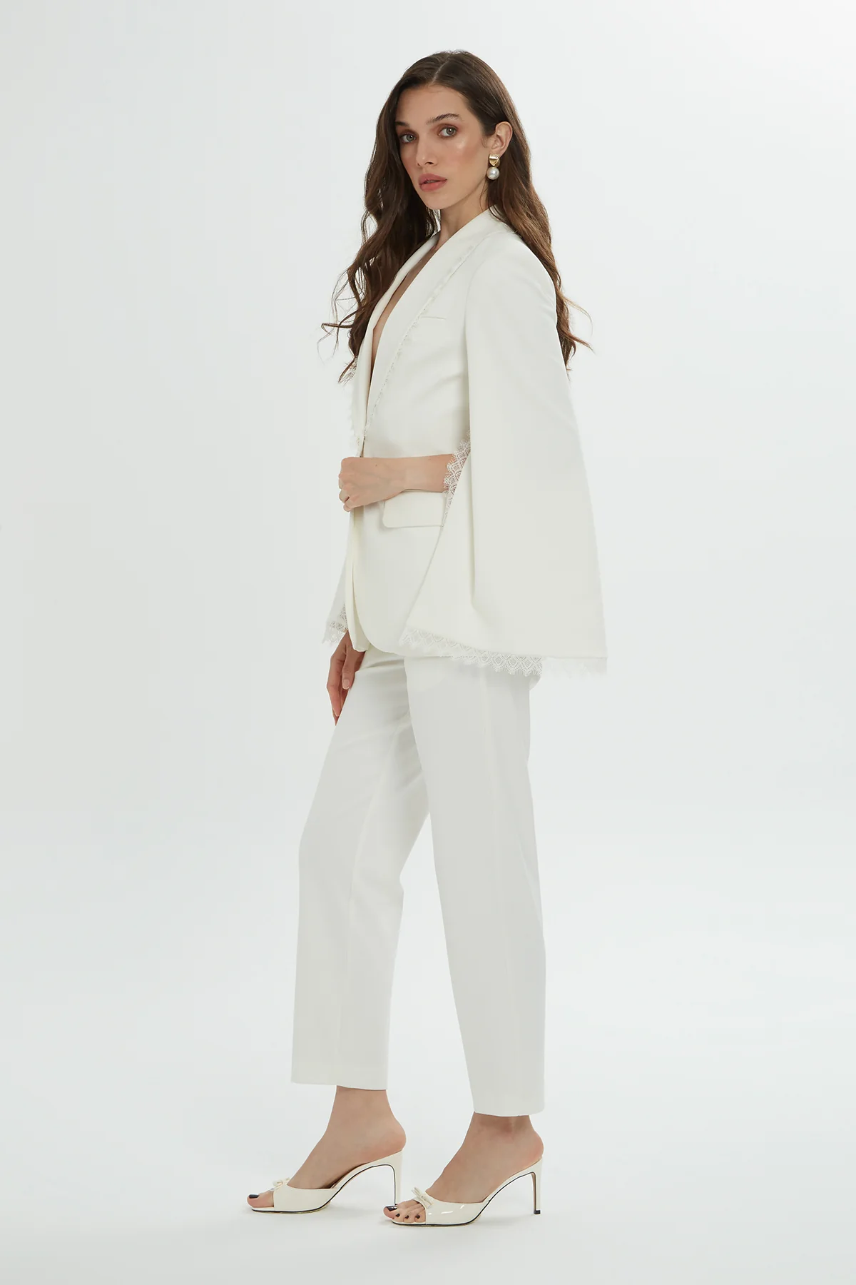 Lace Detail Sleeves and Collar Ecru Blazer and Pants Suit - Image 3