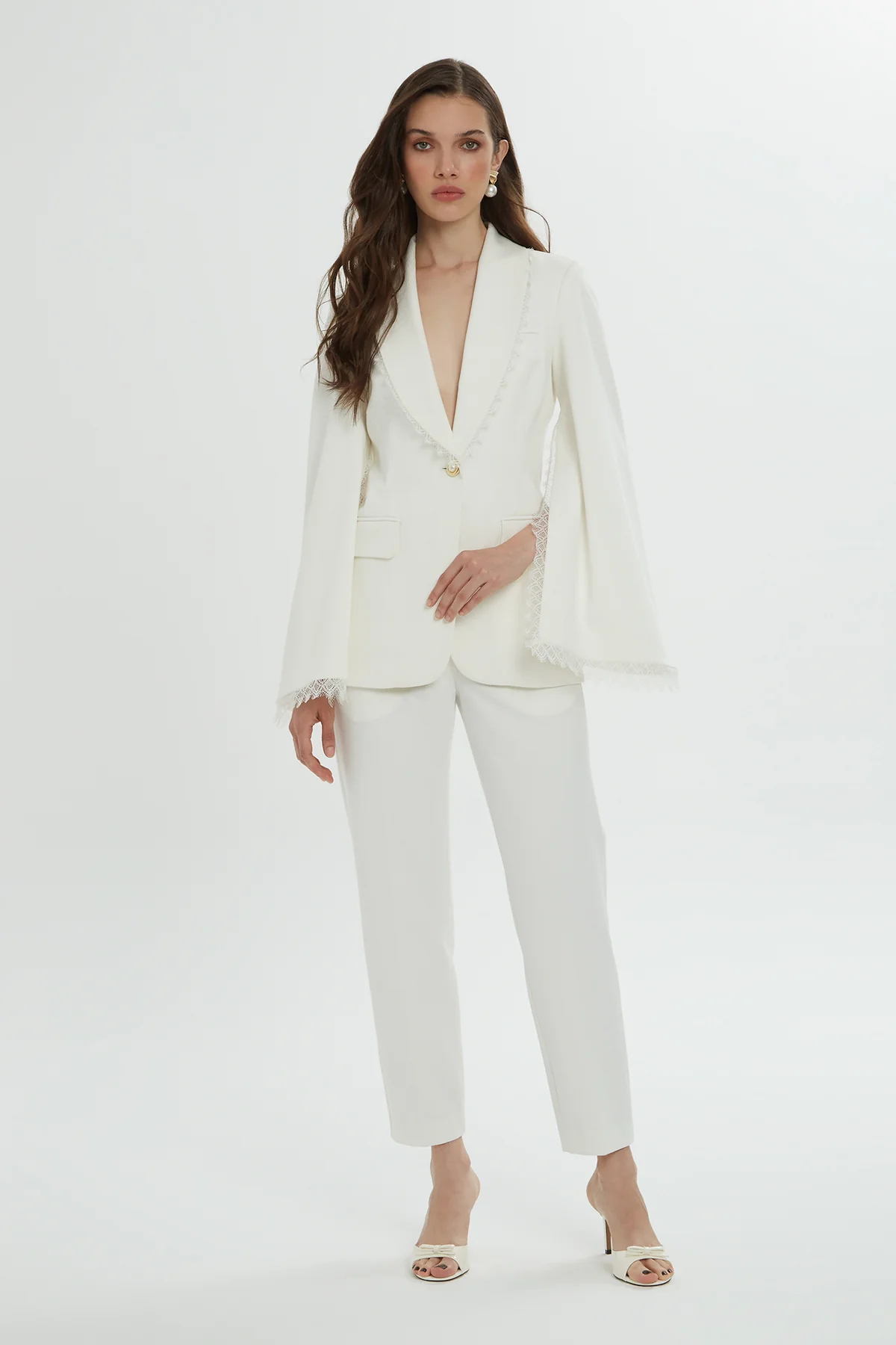 Lace Detail Sleeves and Collar Ecru Blazer and Pants Suit - Image 4