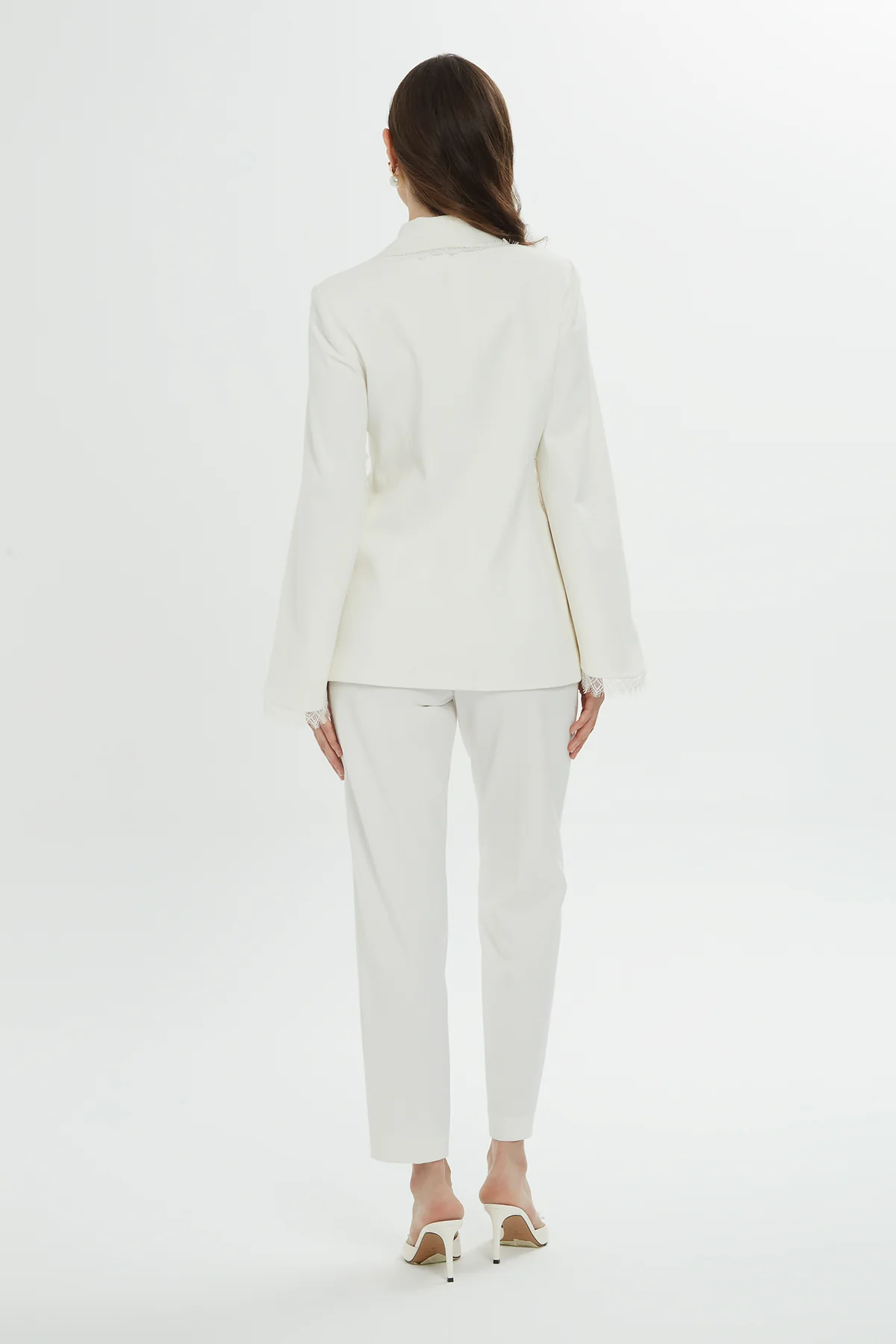 Lace Detail Sleeves and Collar Ecru Blazer and Pants Suit - Image 5