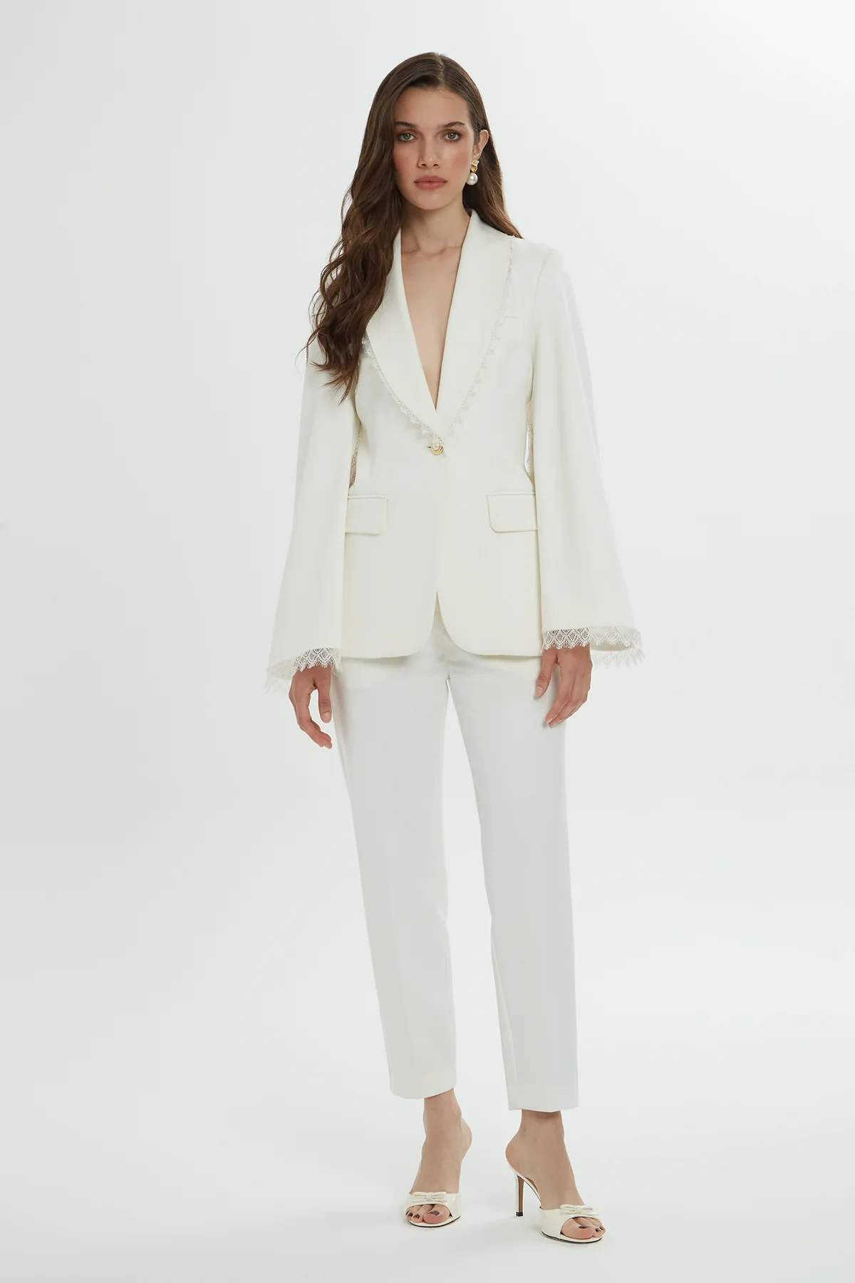 Lace Detail Sleeves and Collar Ecru Blazer and Pants Suit - Image 6