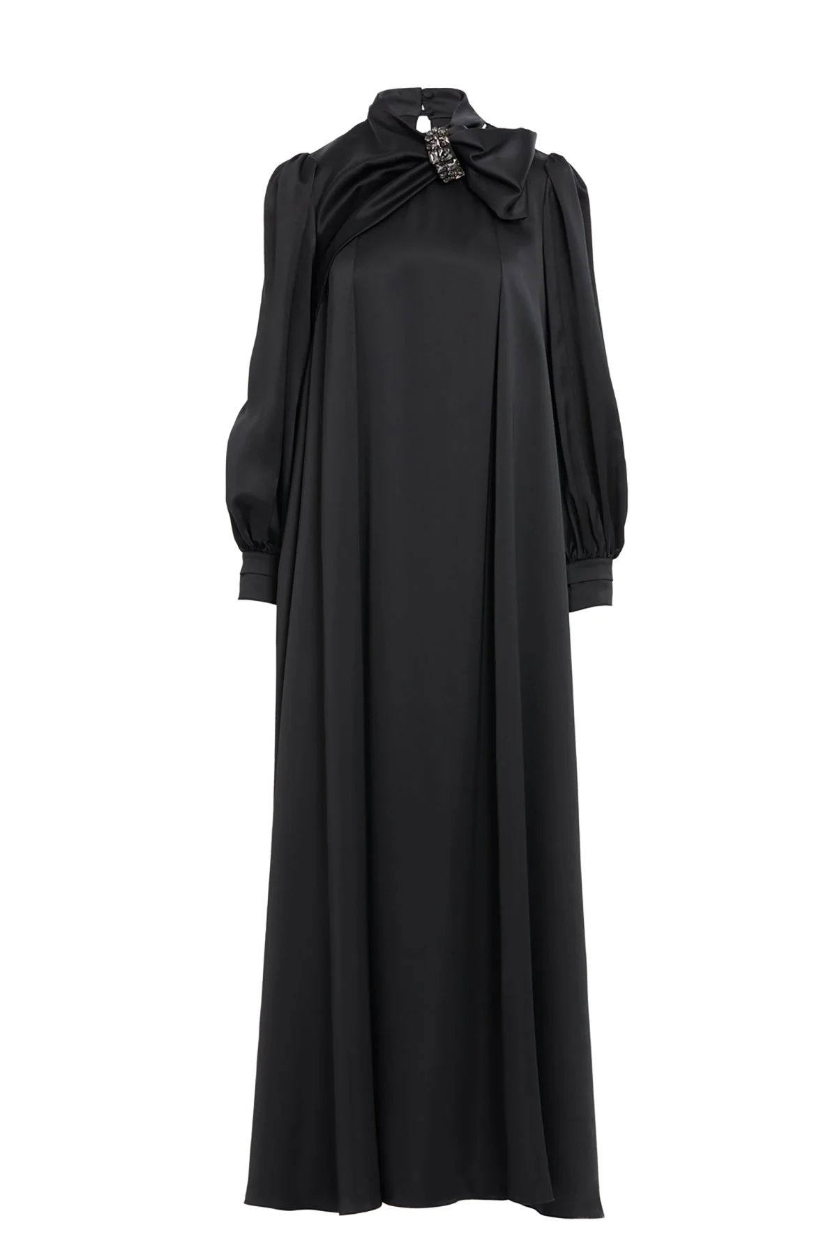 Anthracite Embroidered-Collar Bow-Detail Maxi Dress