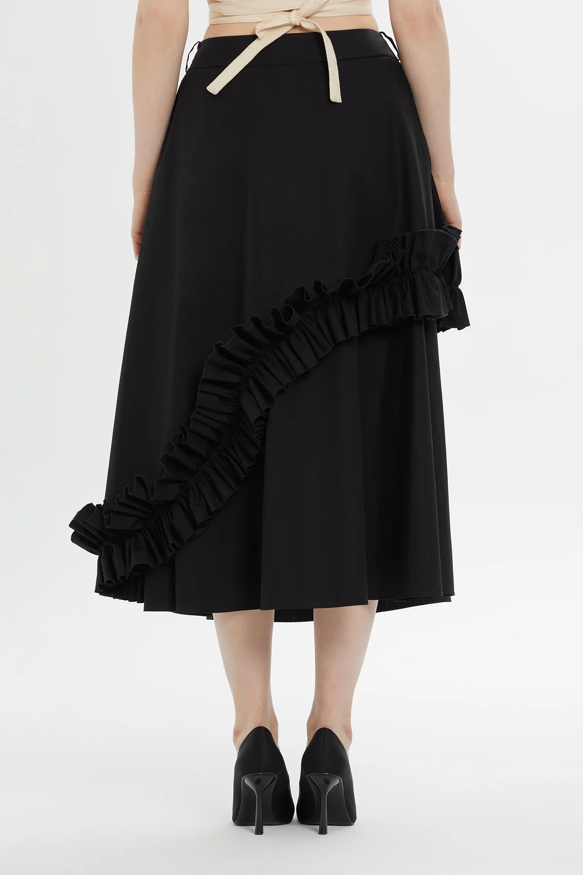 Asymmetric Ruffle Detail Black Midi Skirt - Image 4