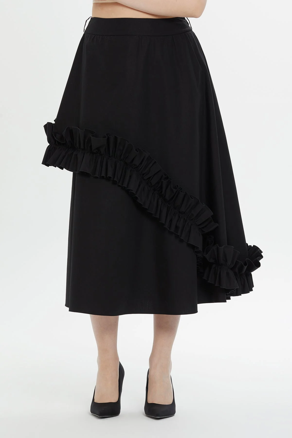 Asymmetric Ruffle Detail  Midi Skirt