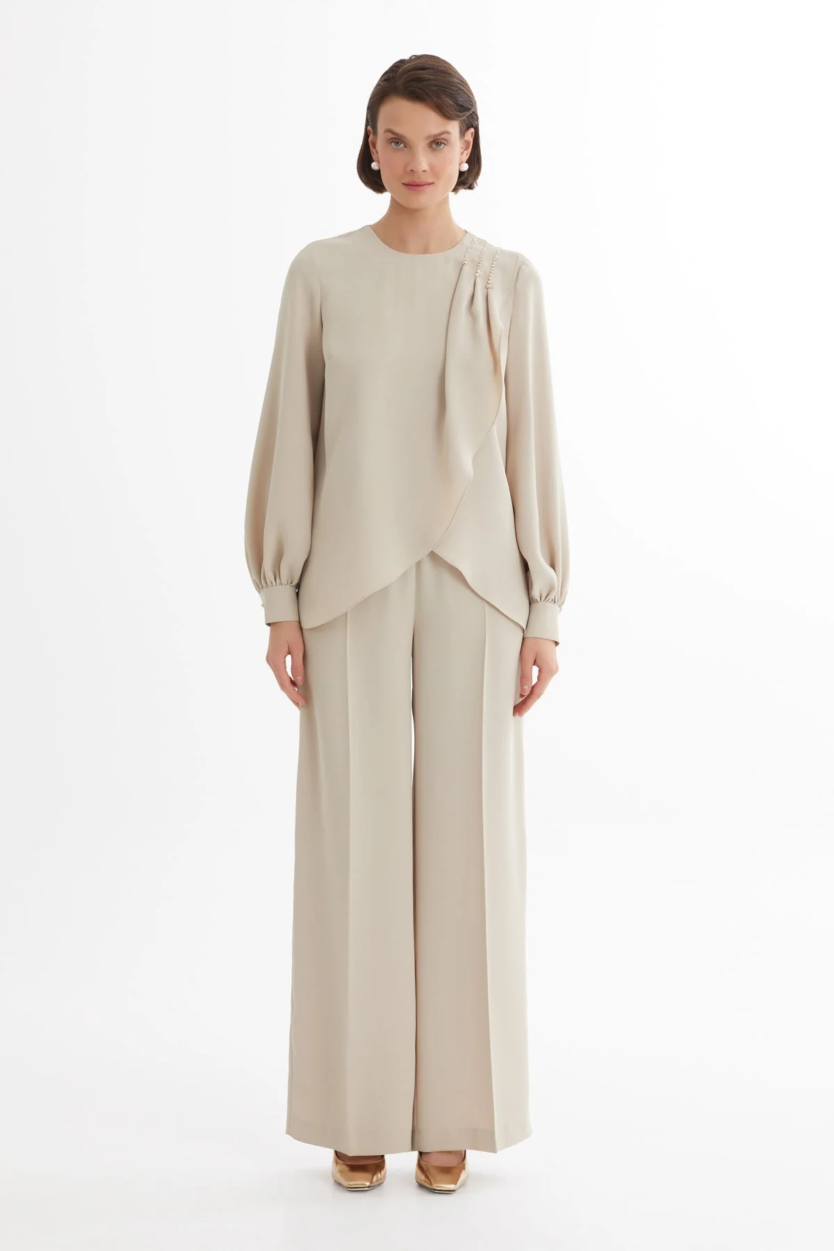 Beige Asymmetric Blouse and Pants Set