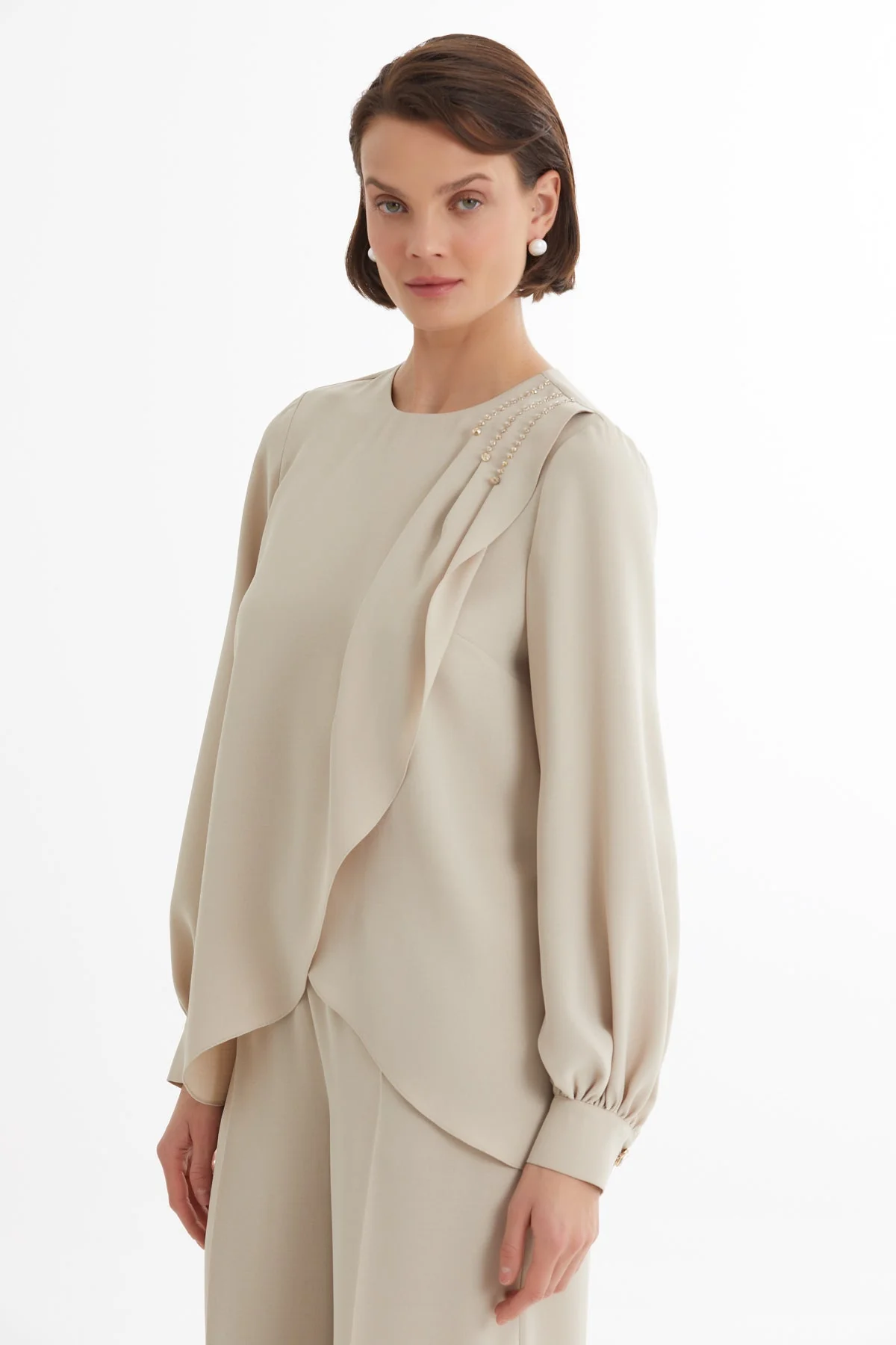 Beige Asymmetric Blouse and Pants Set - Image 2