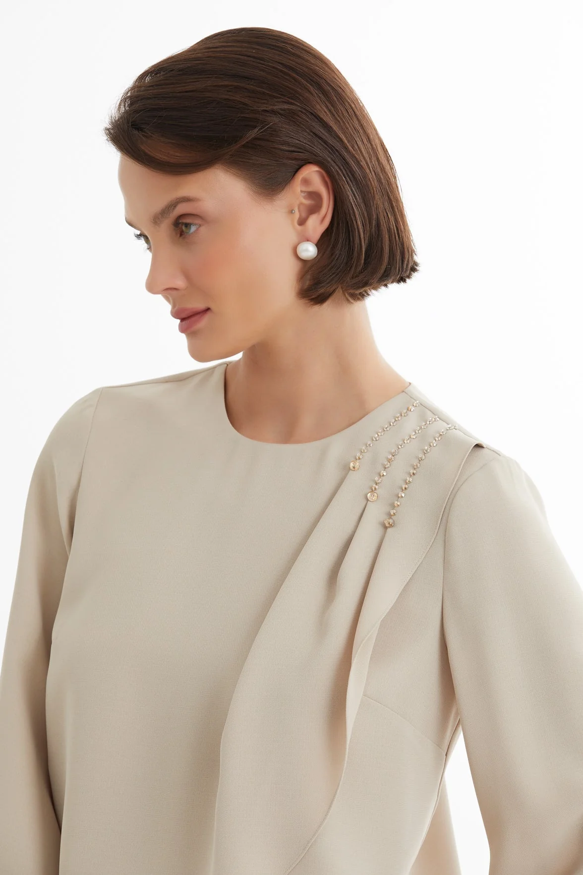 Beige Asymmetric Blouse and Pants Set - Image 3