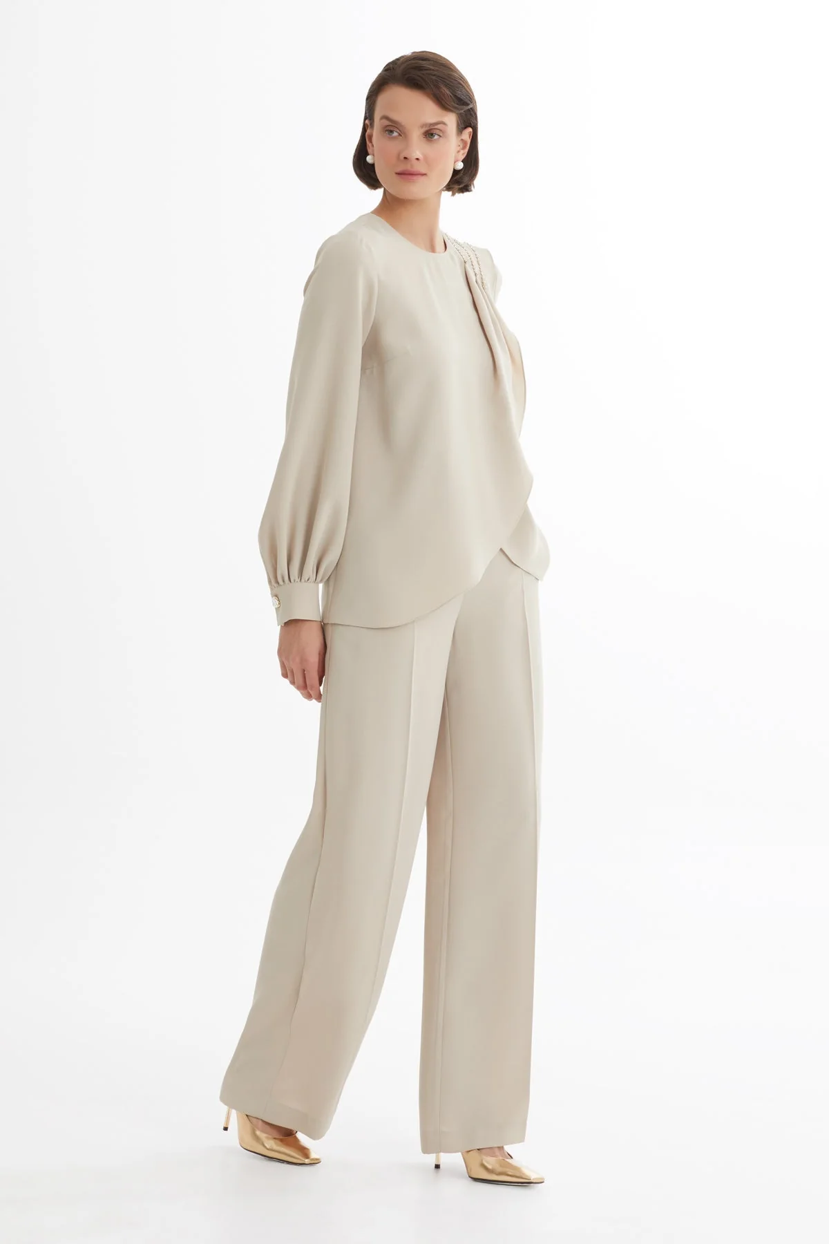 Beige Asymmetric Blouse and Pants Set - Image 4