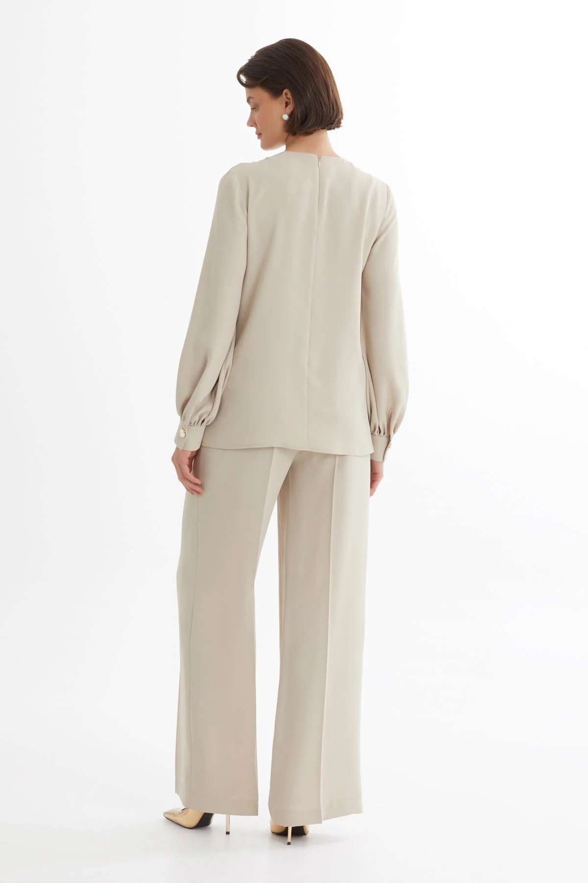 Beige Asymmetric Blouse and Pants Set - Image 5