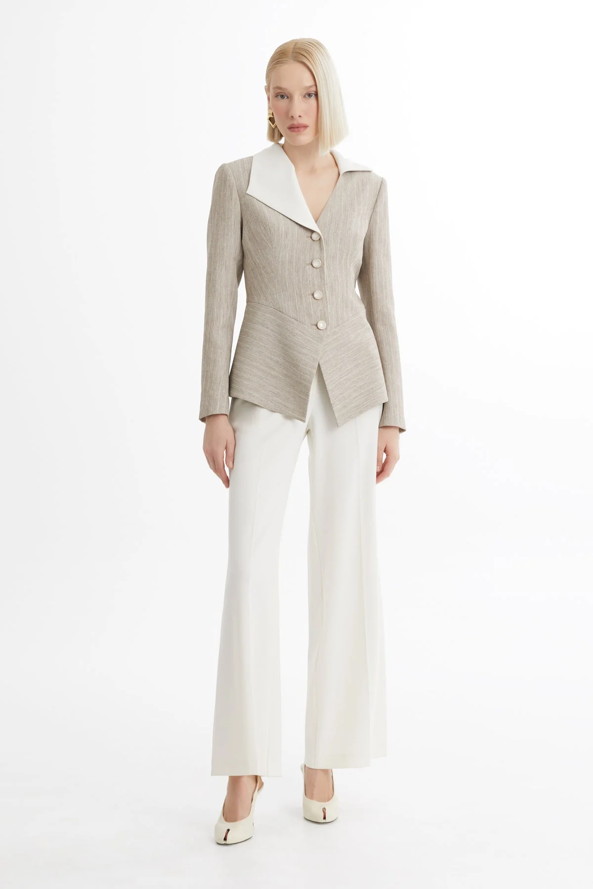 Beige Asymmetric Cut Blazer Suit