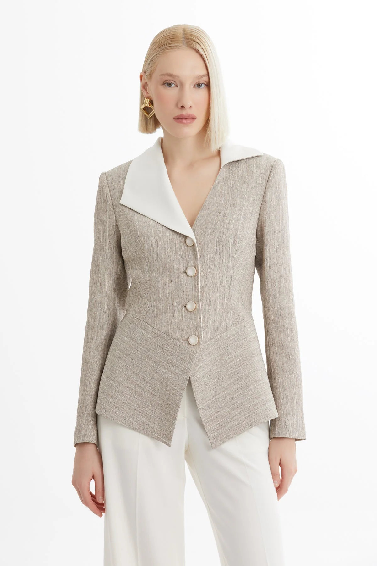 Beige Asymmetric Cut Blazer Suit - Image 2