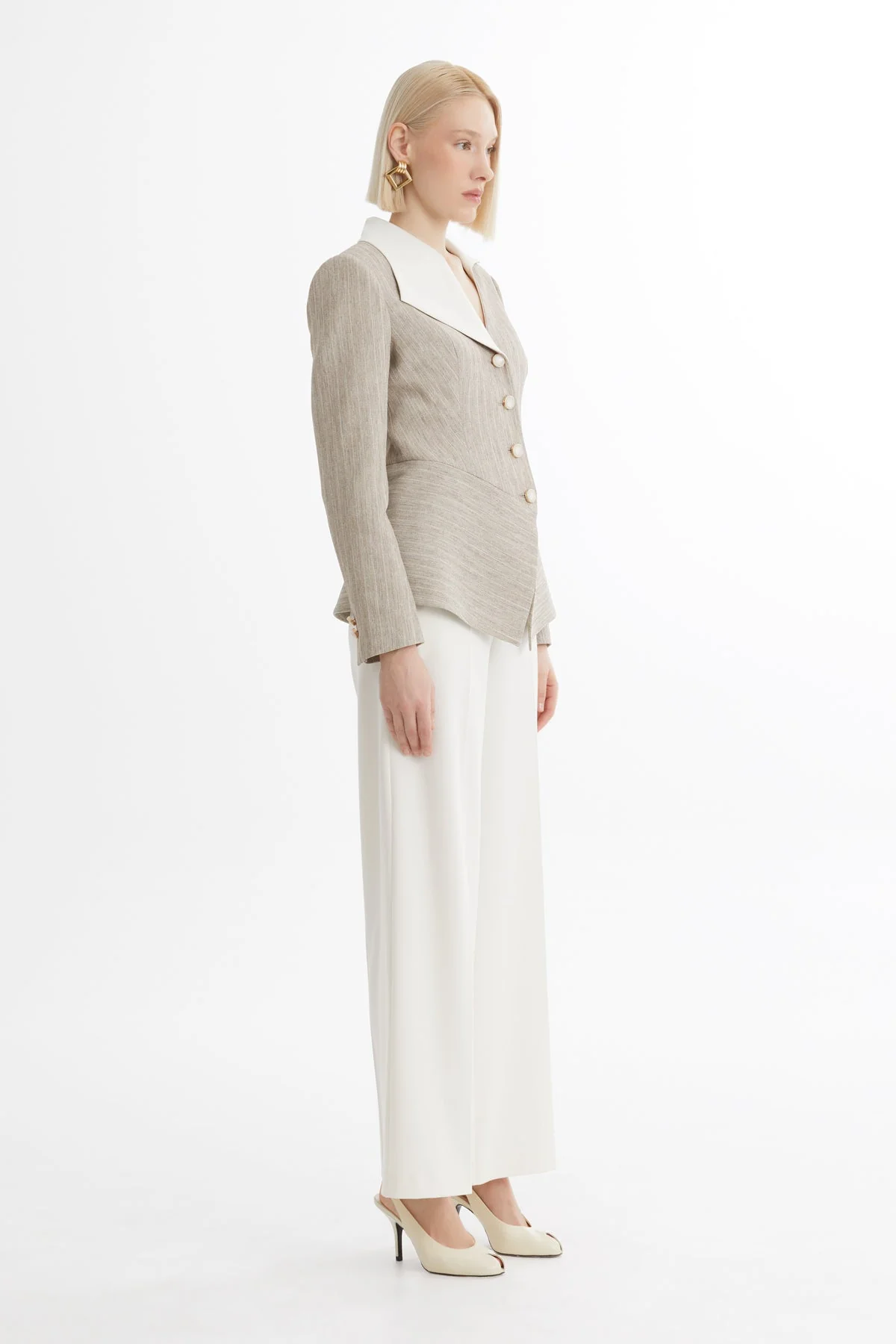 Beige Asymmetric Cut Blazer Suit - Image 3