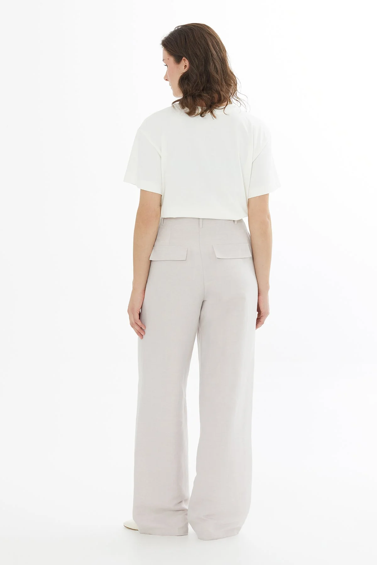 Beige Asymmetric Detail Linen Trousers - Image 4