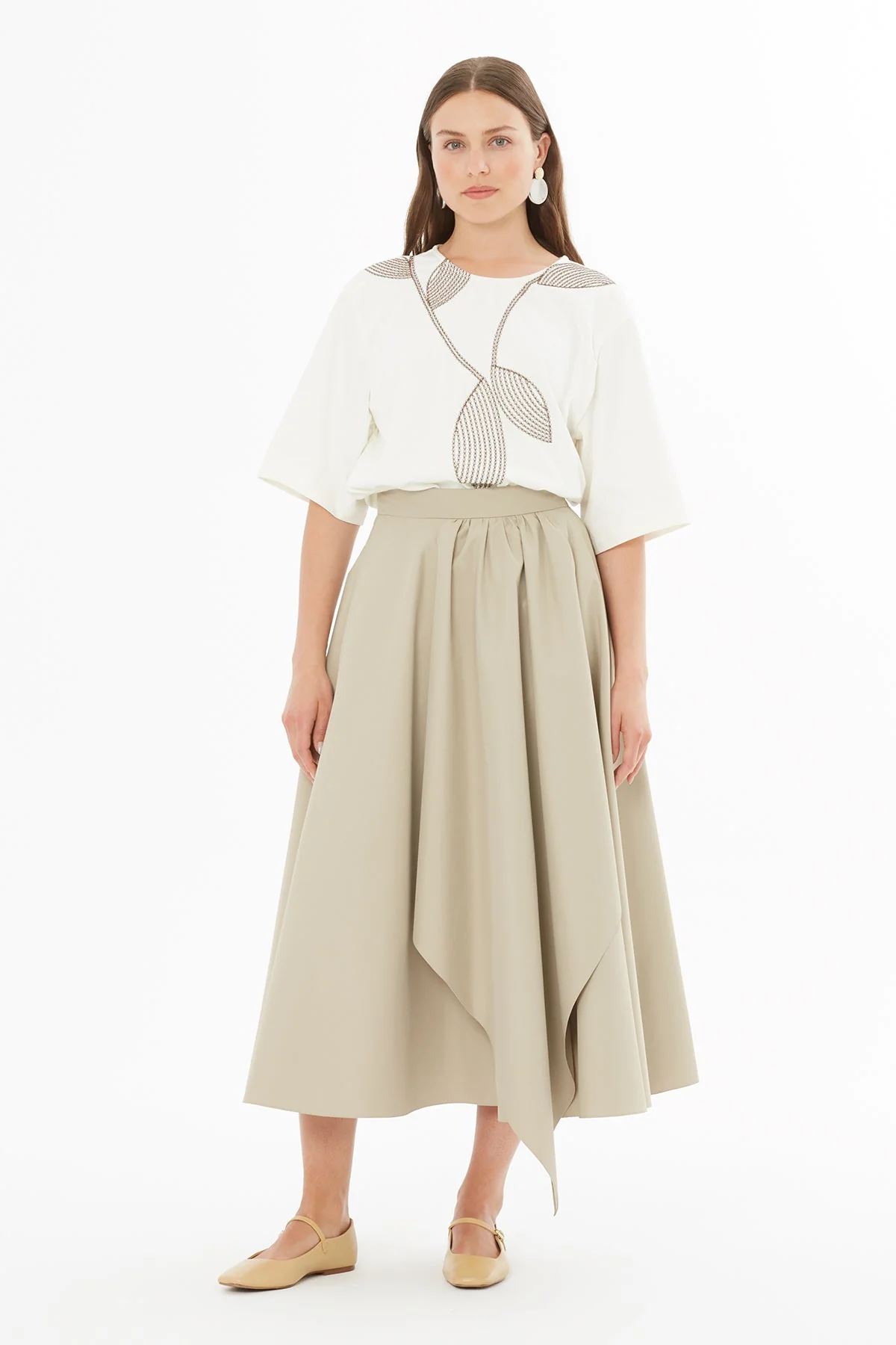 Beige Asymmetrical Gathered Midi Skirt