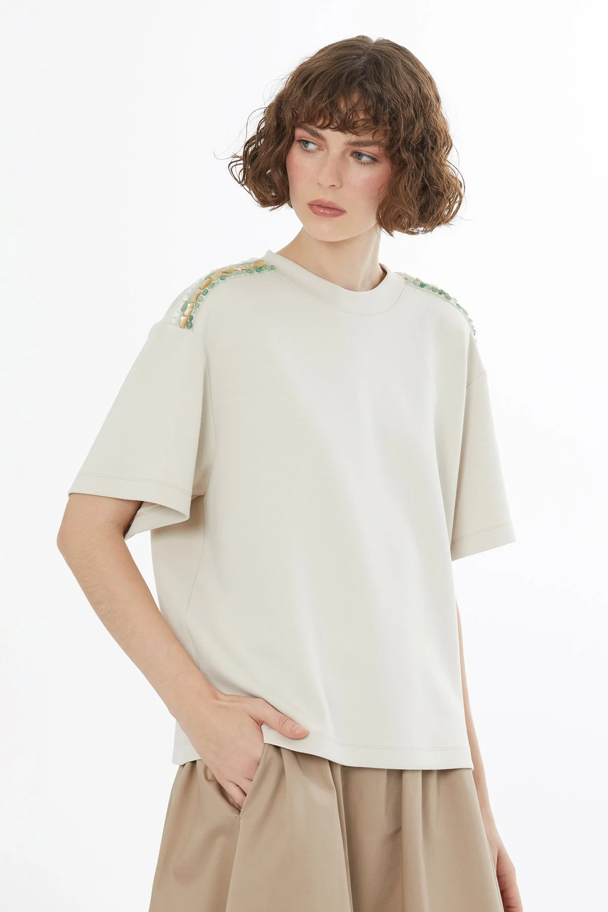 Beige Beaded Embroidered T-Shirt - Image 3
