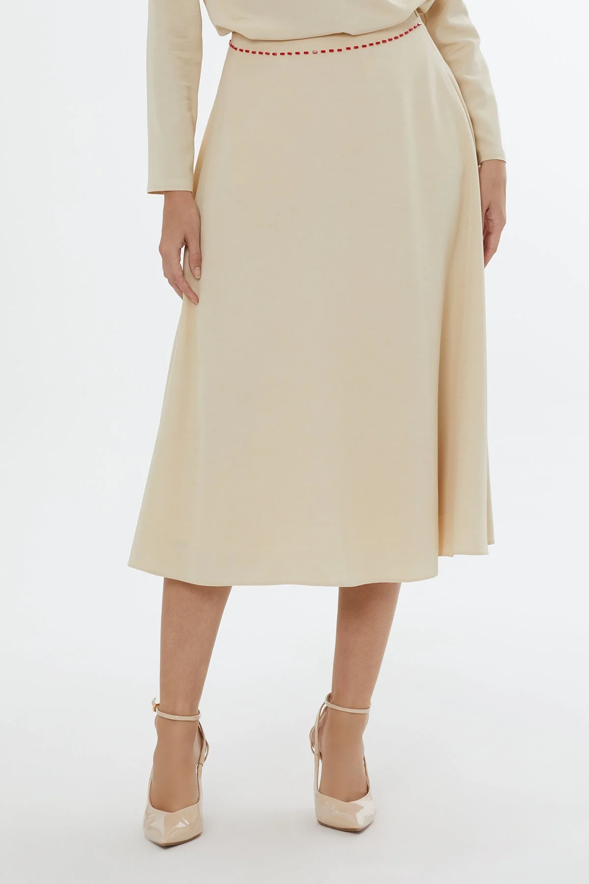 Beige Beaded Flared Midi Skirt - Image 2