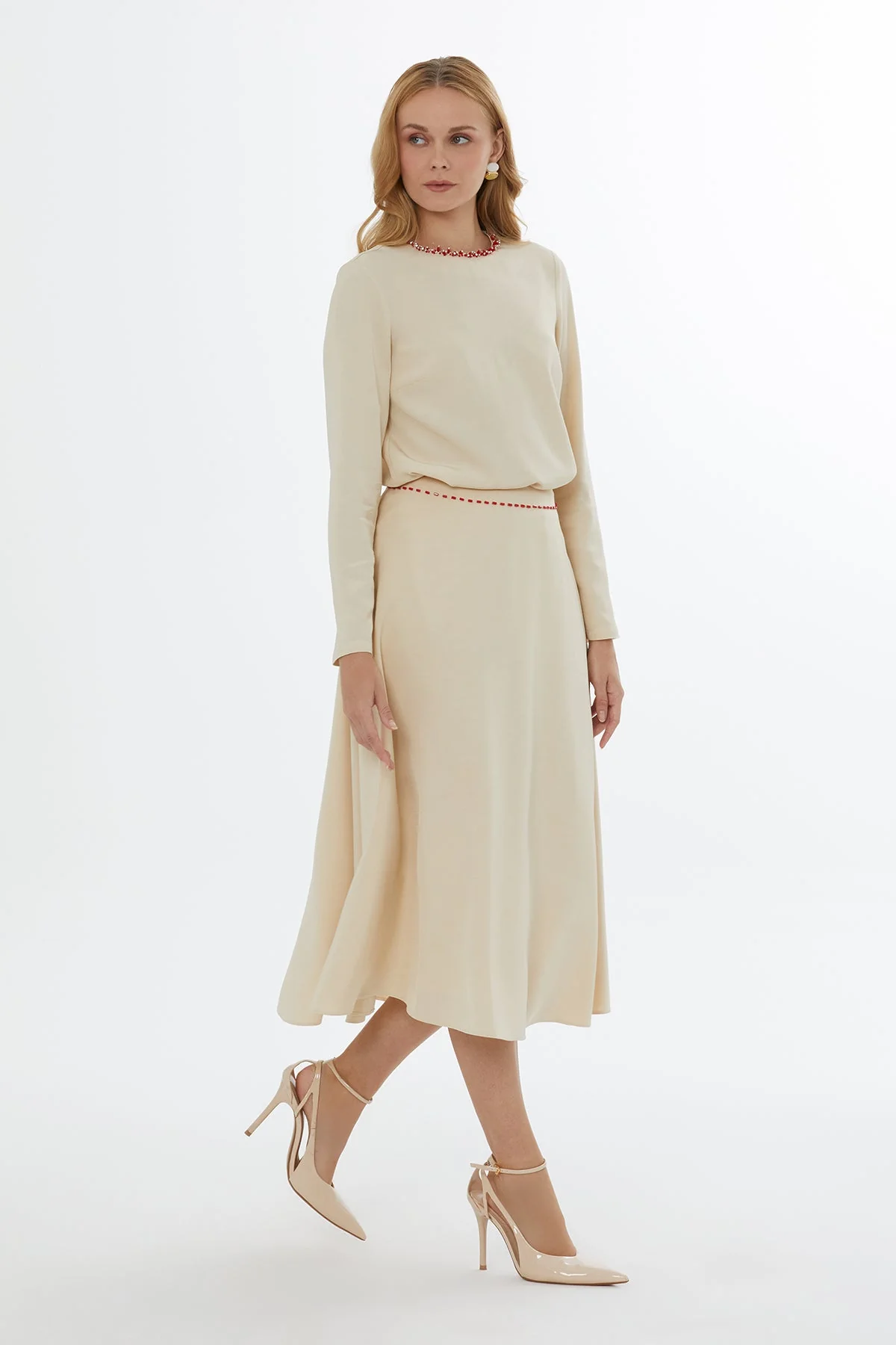 Beige Beaded Flared Midi Skirt - Image 3
