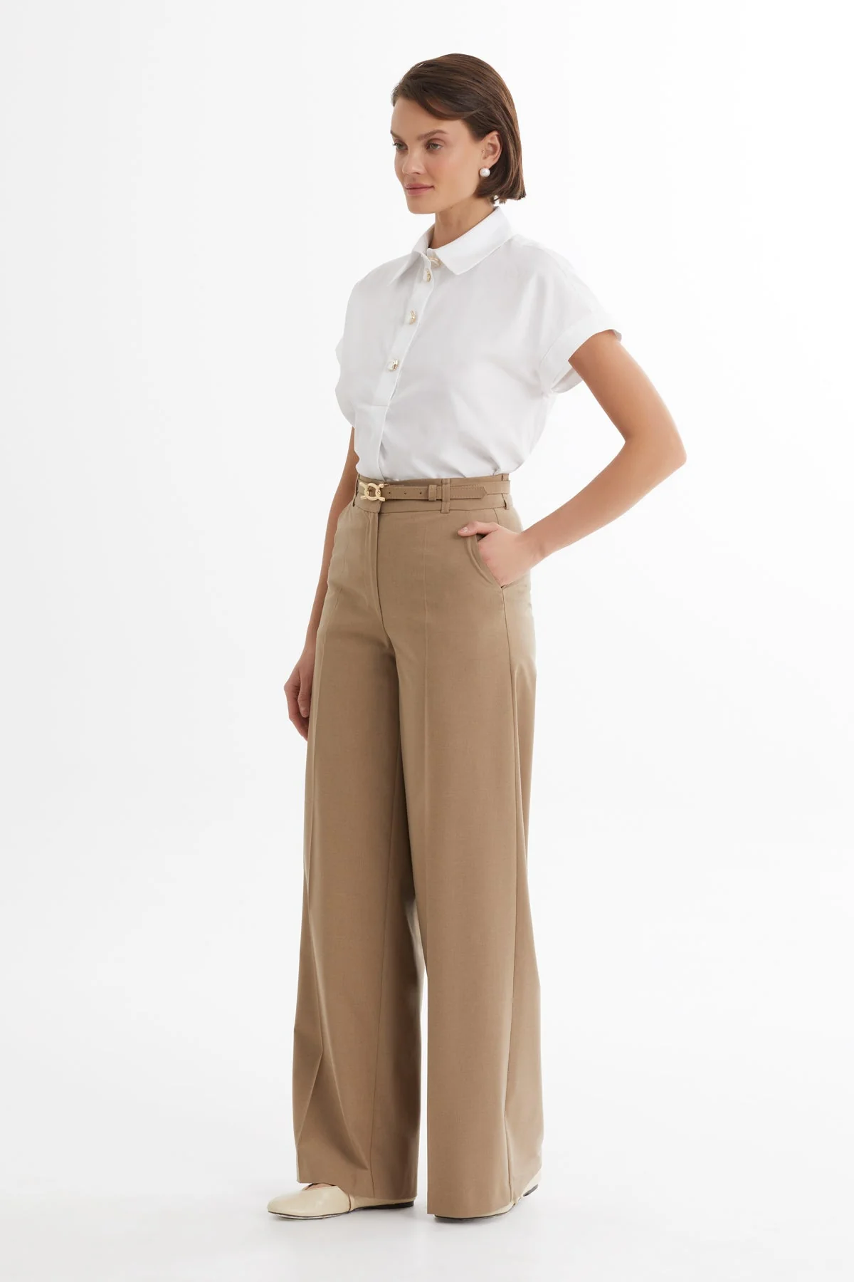 Beige Belt-Detail Straight-Leg Trousers - Image 3