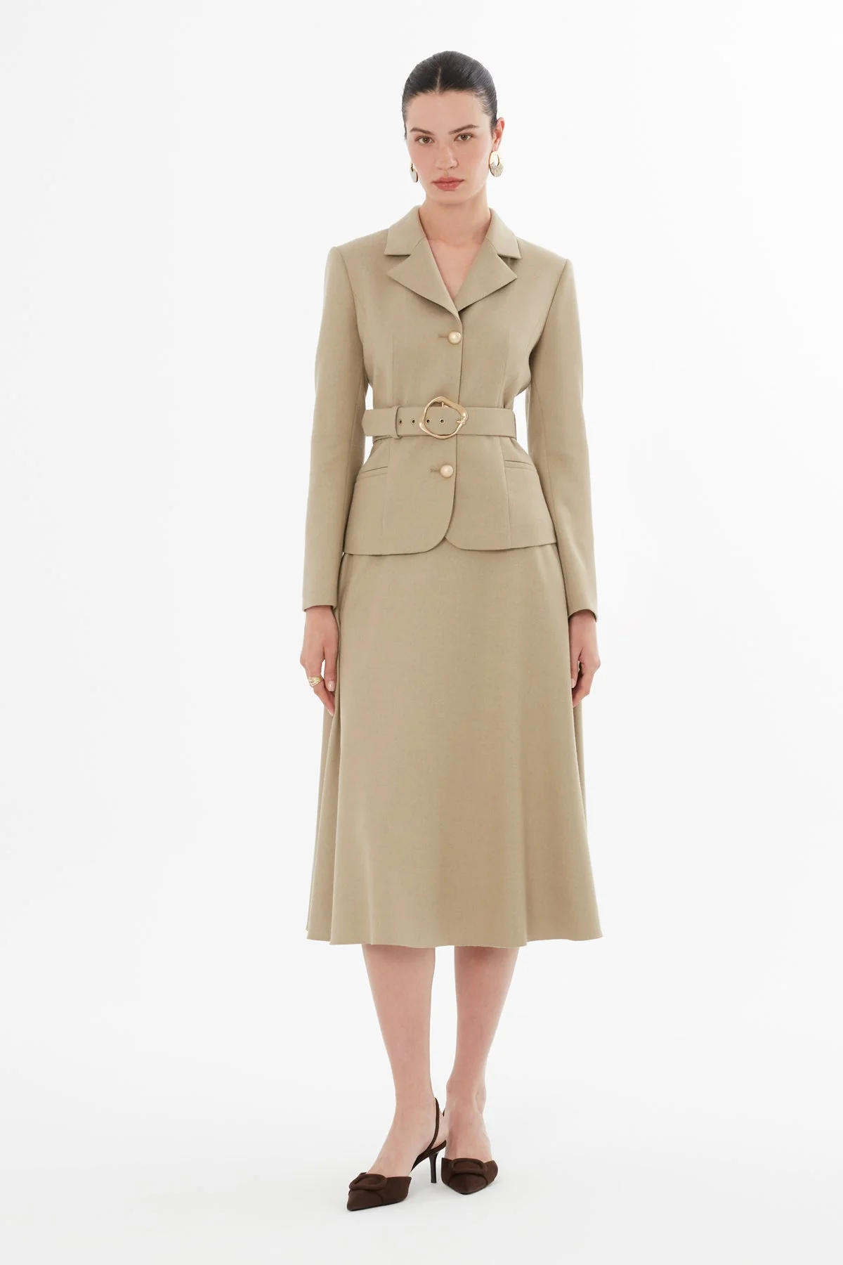 Beige Belted Jacket and Skirt Suit
