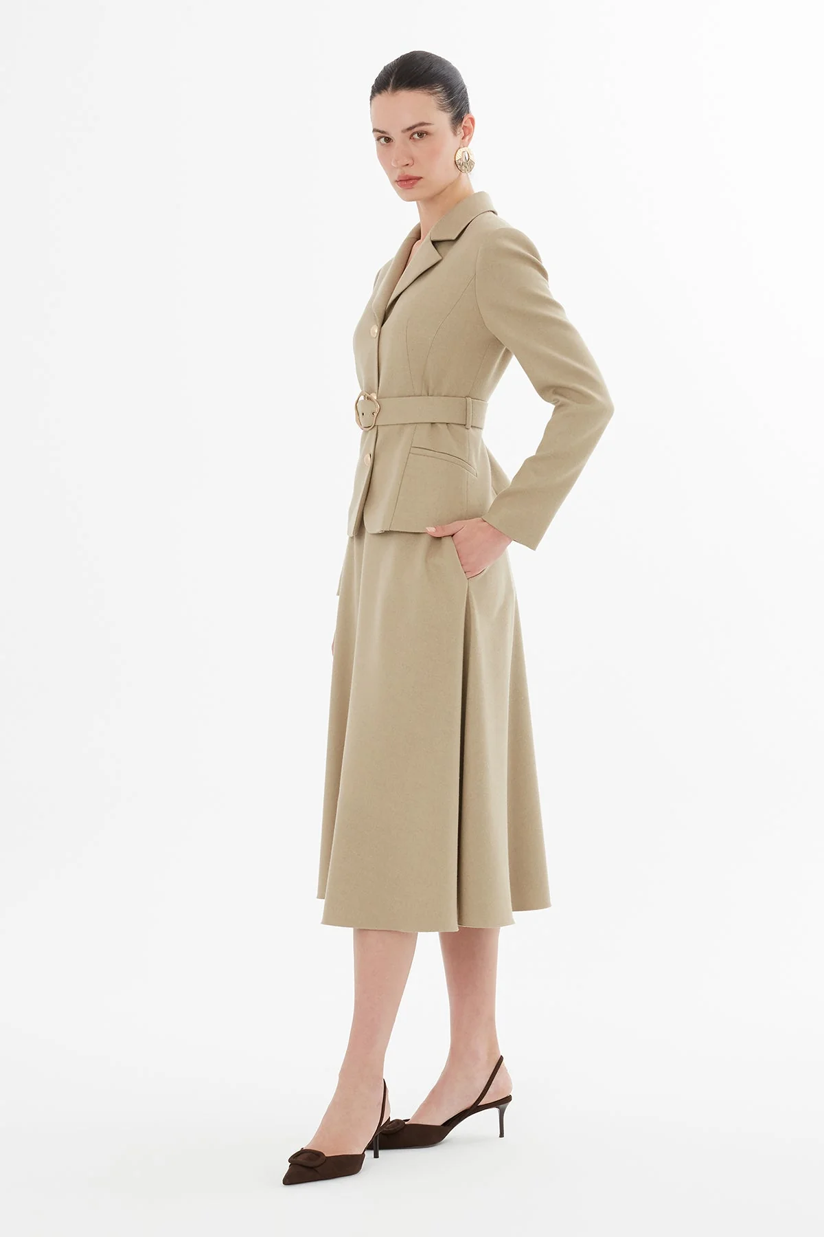 Beige Belted Jacket and Skirt Suit - Image 3