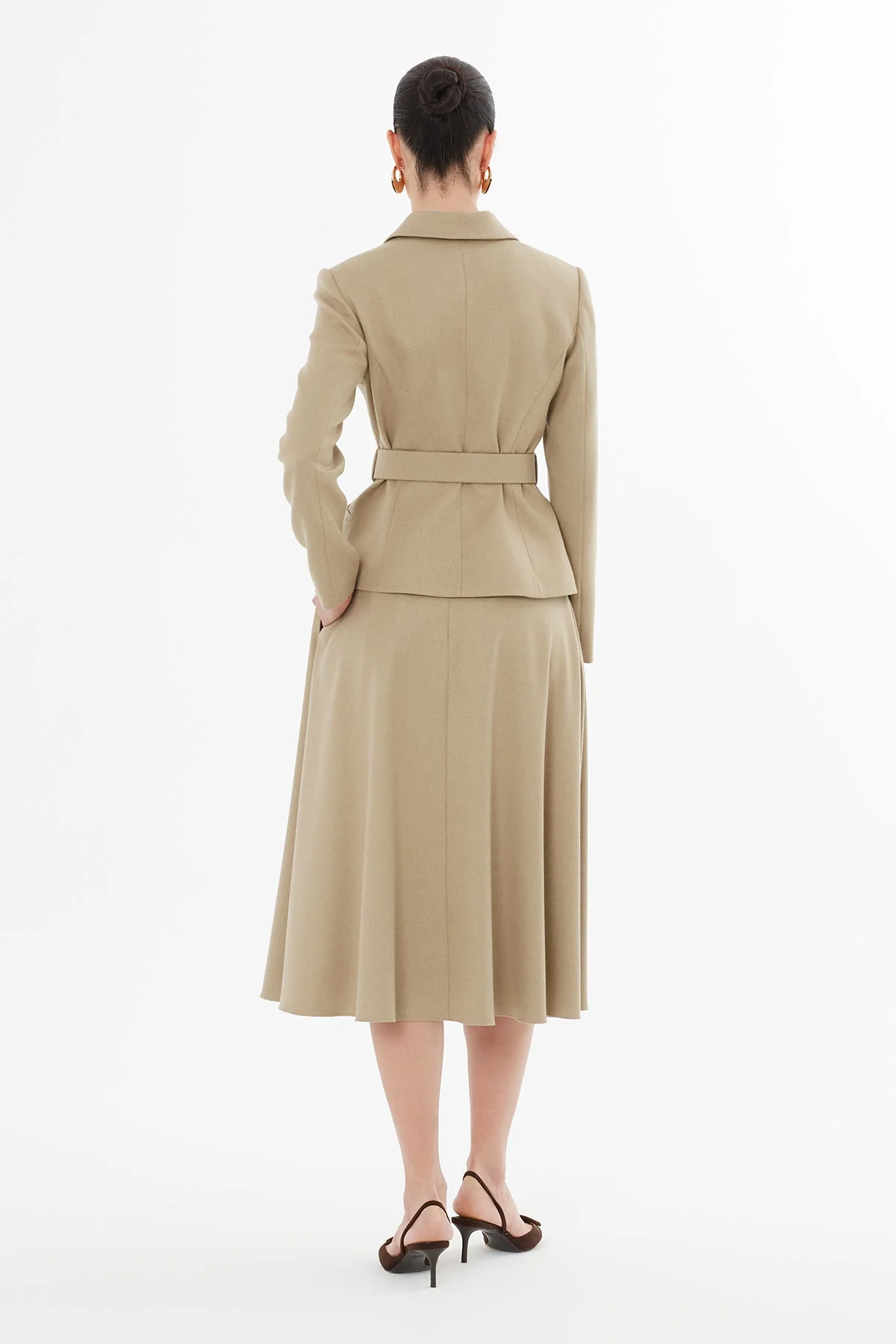 Beige Belted Jacket and Skirt Suit - Image 4