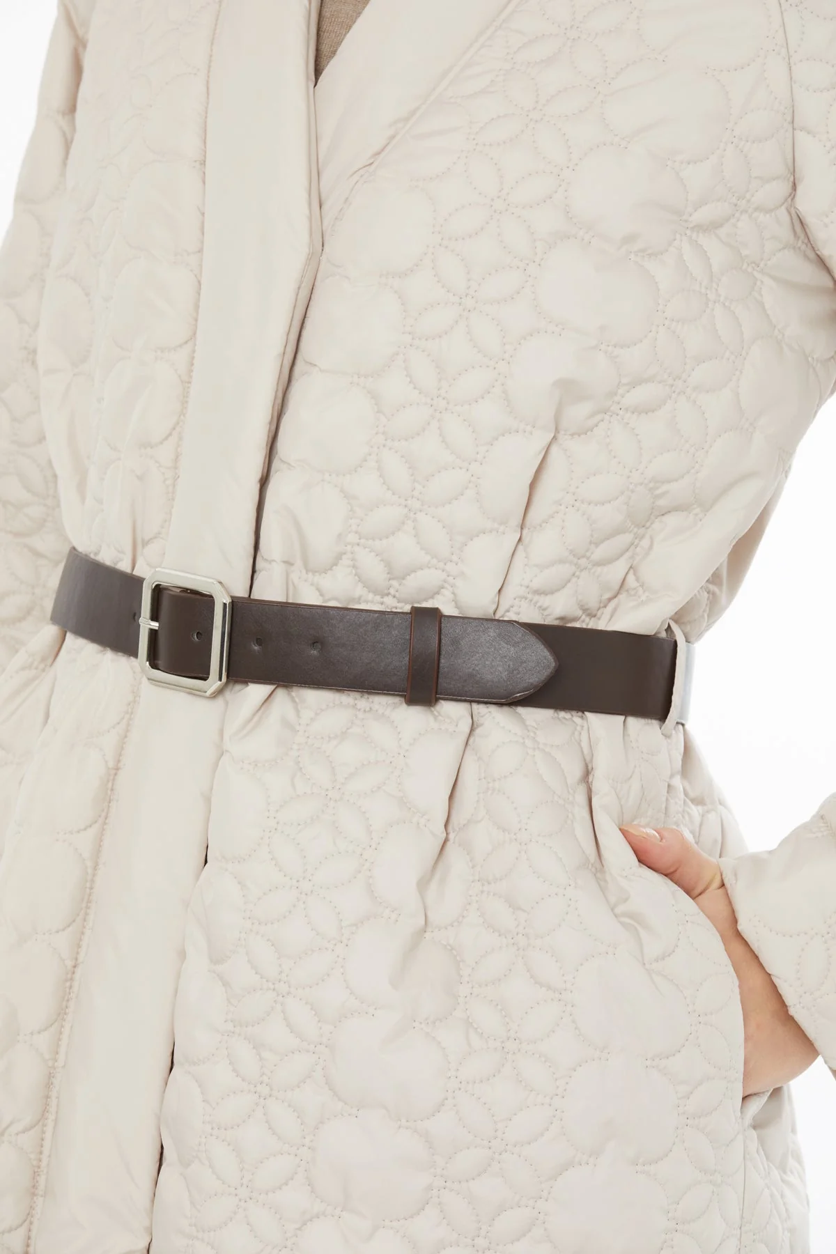 Beige Belted Long Quilted Coat - Image 2