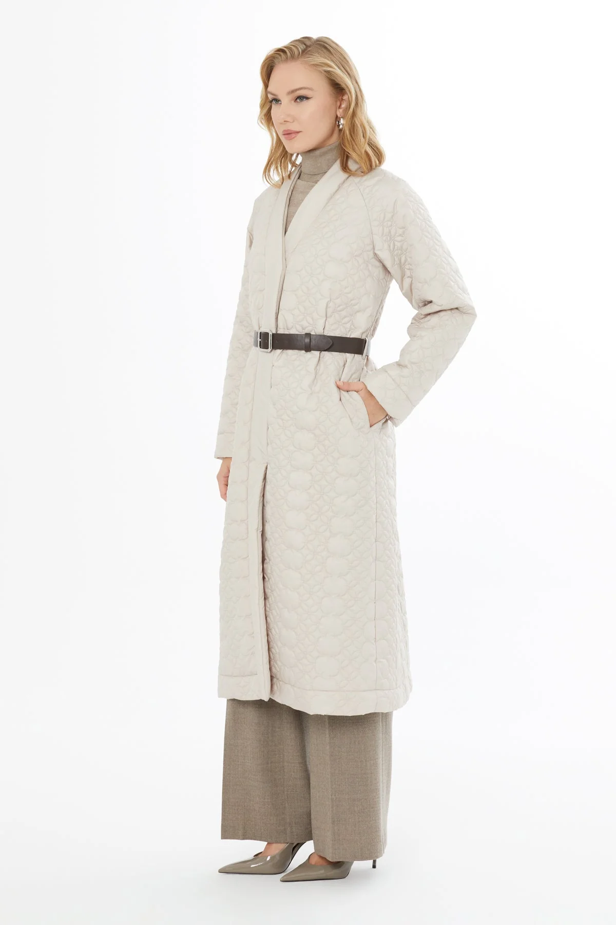 Beige Belted Long Quilted Coat - Image 3