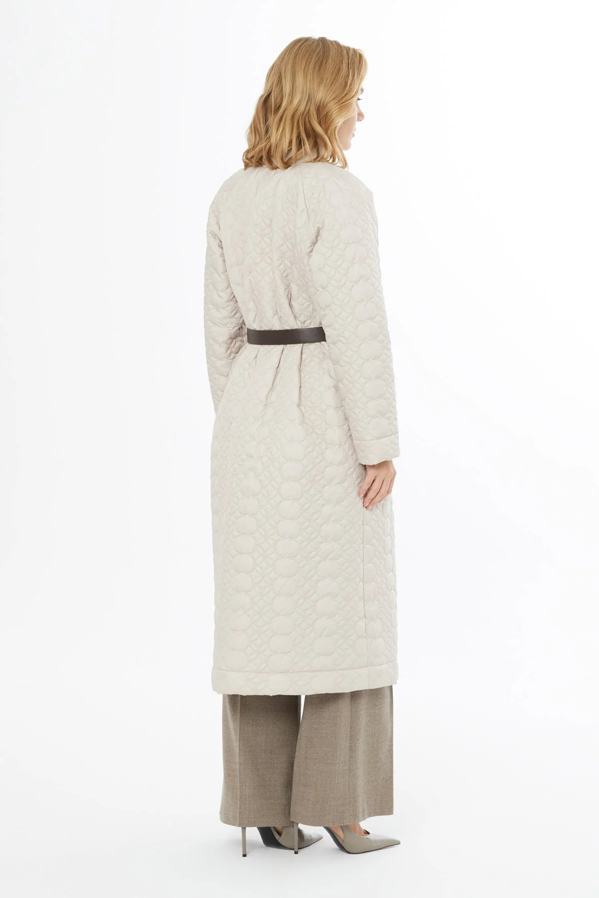 Beige Belted Long Quilted Coat - Image 4