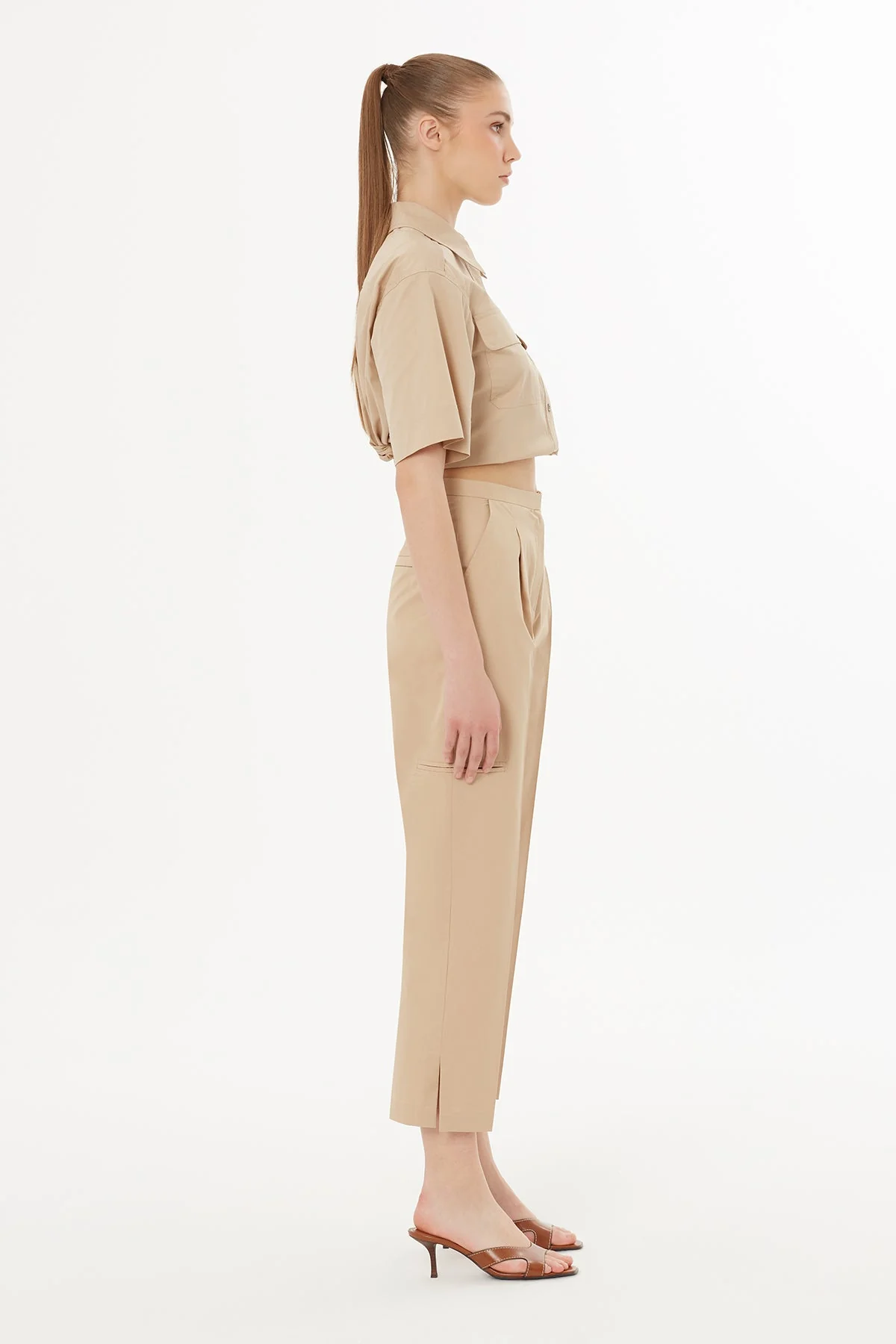 Beige Belted Pleated Tailored Trousers - Image 3