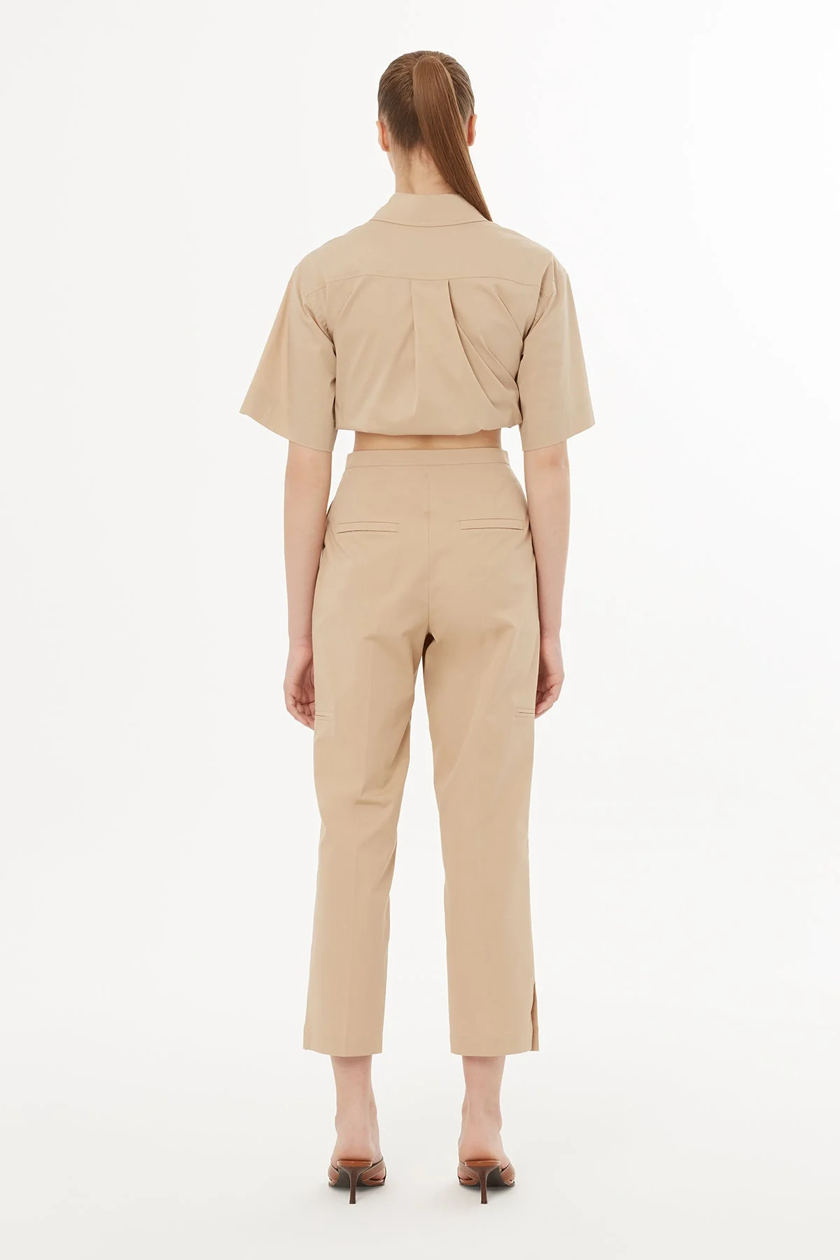 Beige Belted Pleated Tailored Trousers - Image 4
