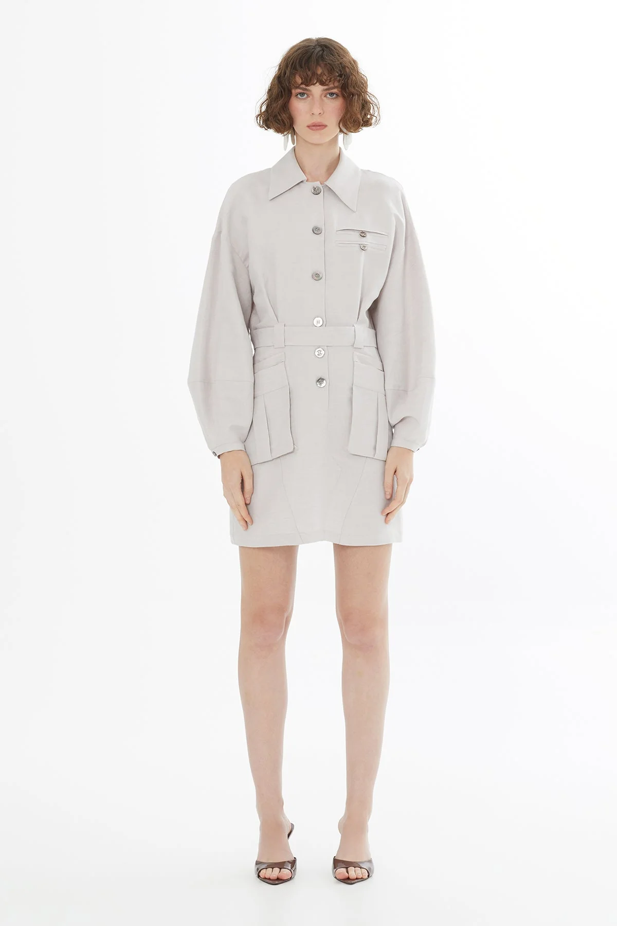 Beige Belted Shirt Mini Dress