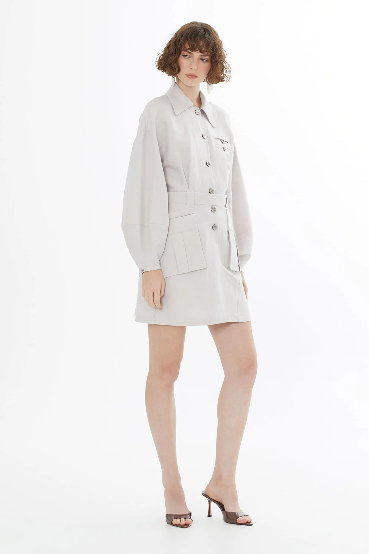 Beige Belted Shirt Mini Dress - Image 4