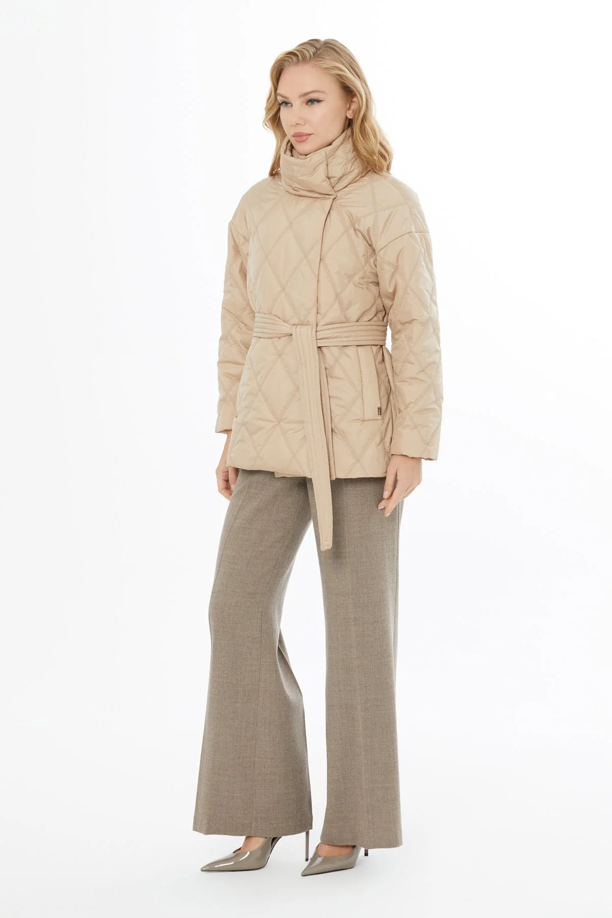 Beige Belted Short Quilted Coat - Image 3