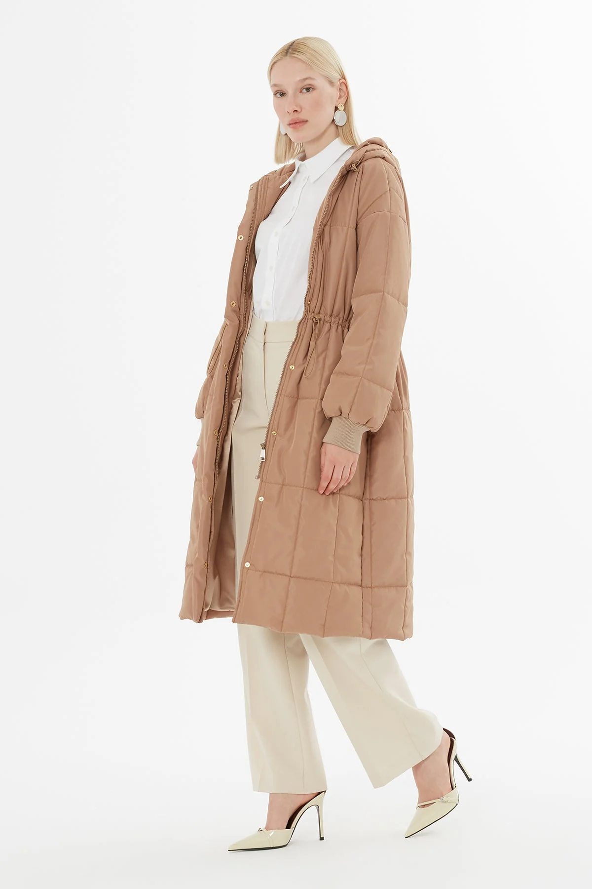 Beige Big Pocket Long Quilted Coat - Image 3