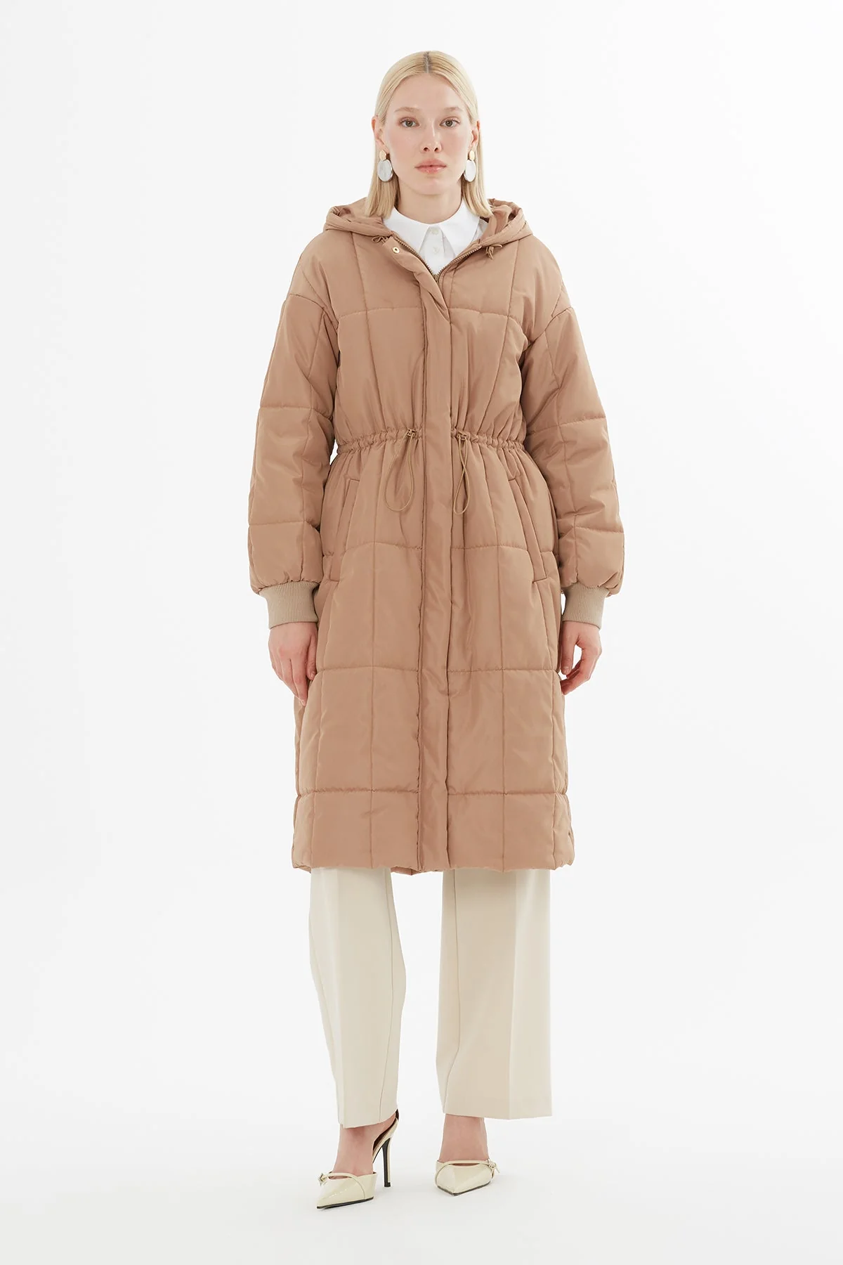 Beige Big Pocket Long Quilted Coat - Image 4