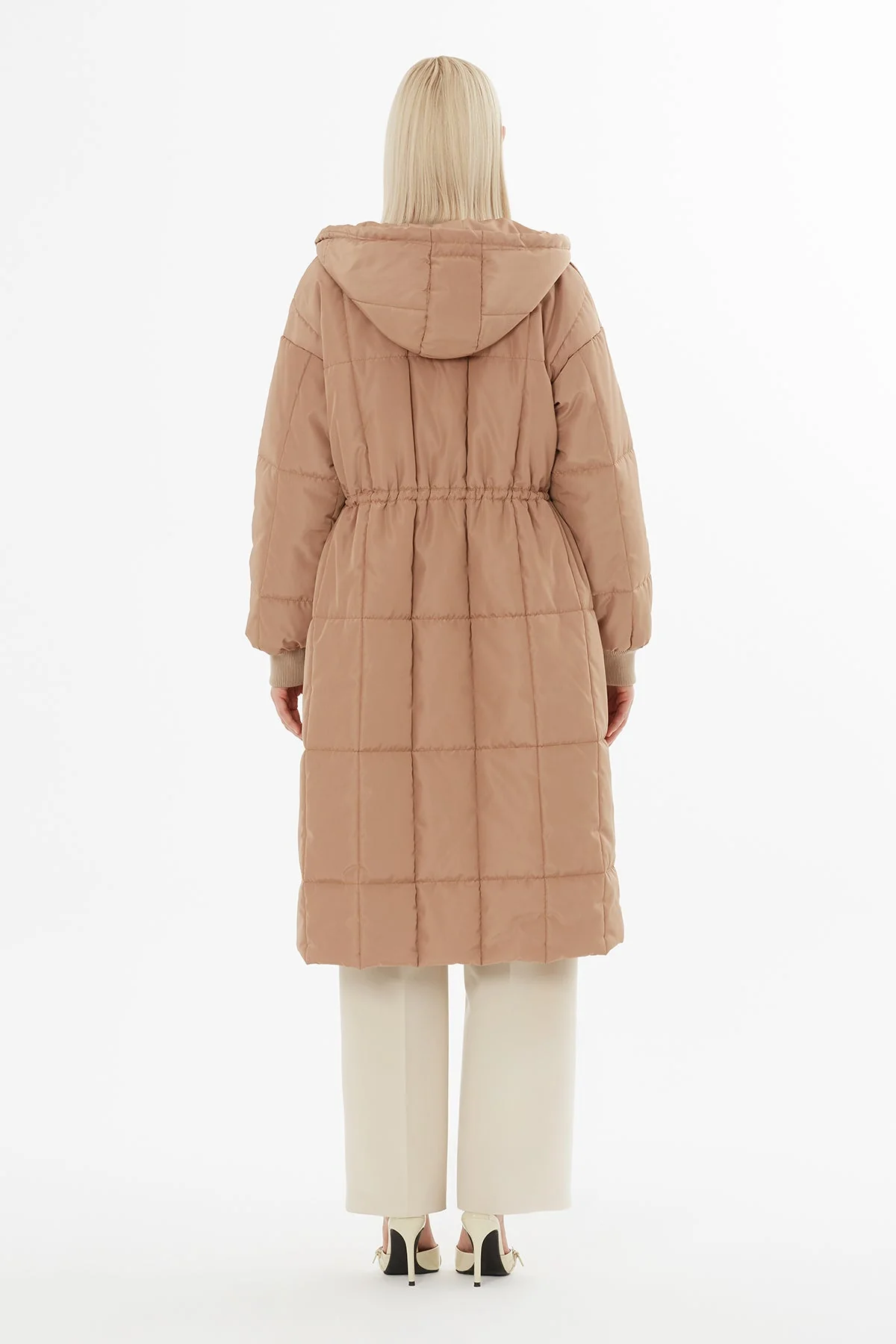 Beige Big Pocket Long Quilted Coat - Image 5
