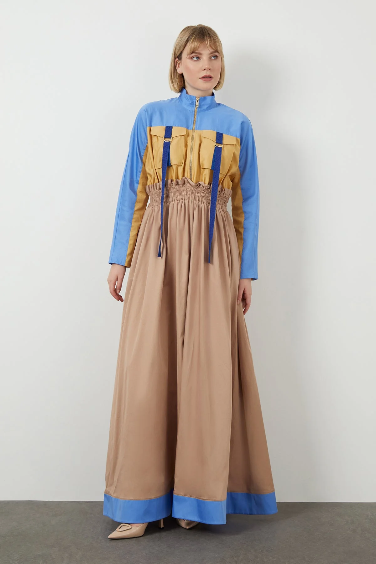 Beige Color-Block Maxi Dress