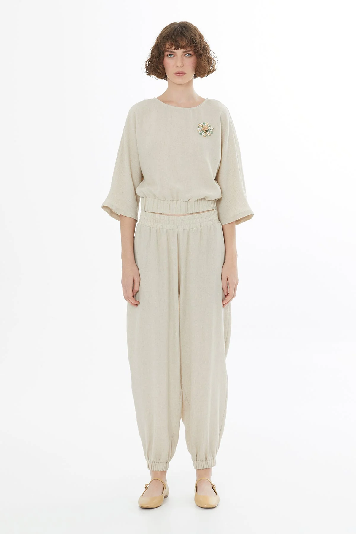 Beige Crystal Brooch Embroidered Blouse