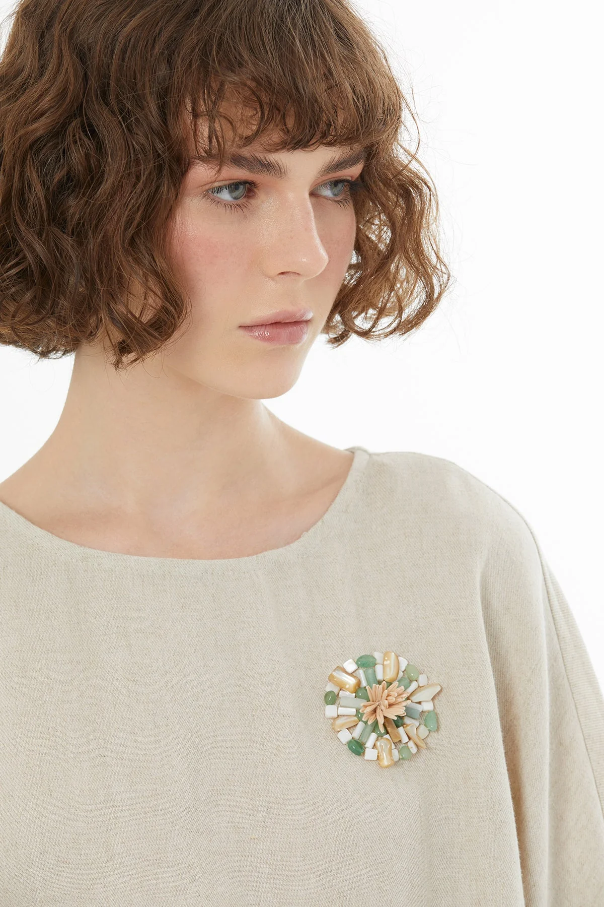 Beige Crystal Brooch Embroidered Blouse - Image 3