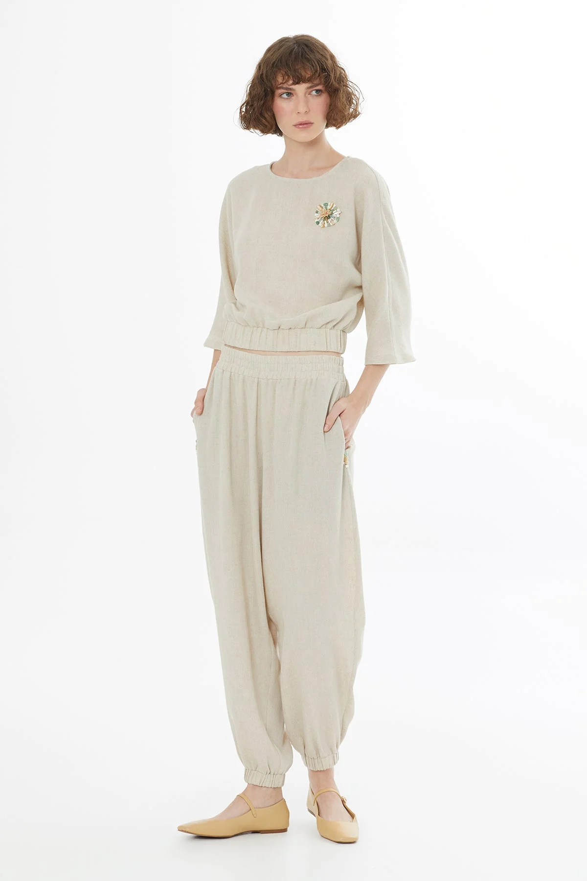 Beige Crystal Brooch Embroidered Blouse - Image 4