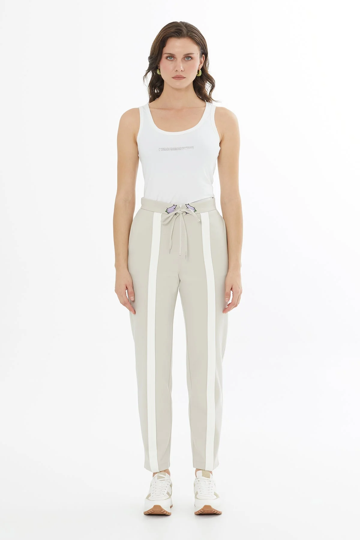 Beige Drawstring Embroidered Sweatpants
