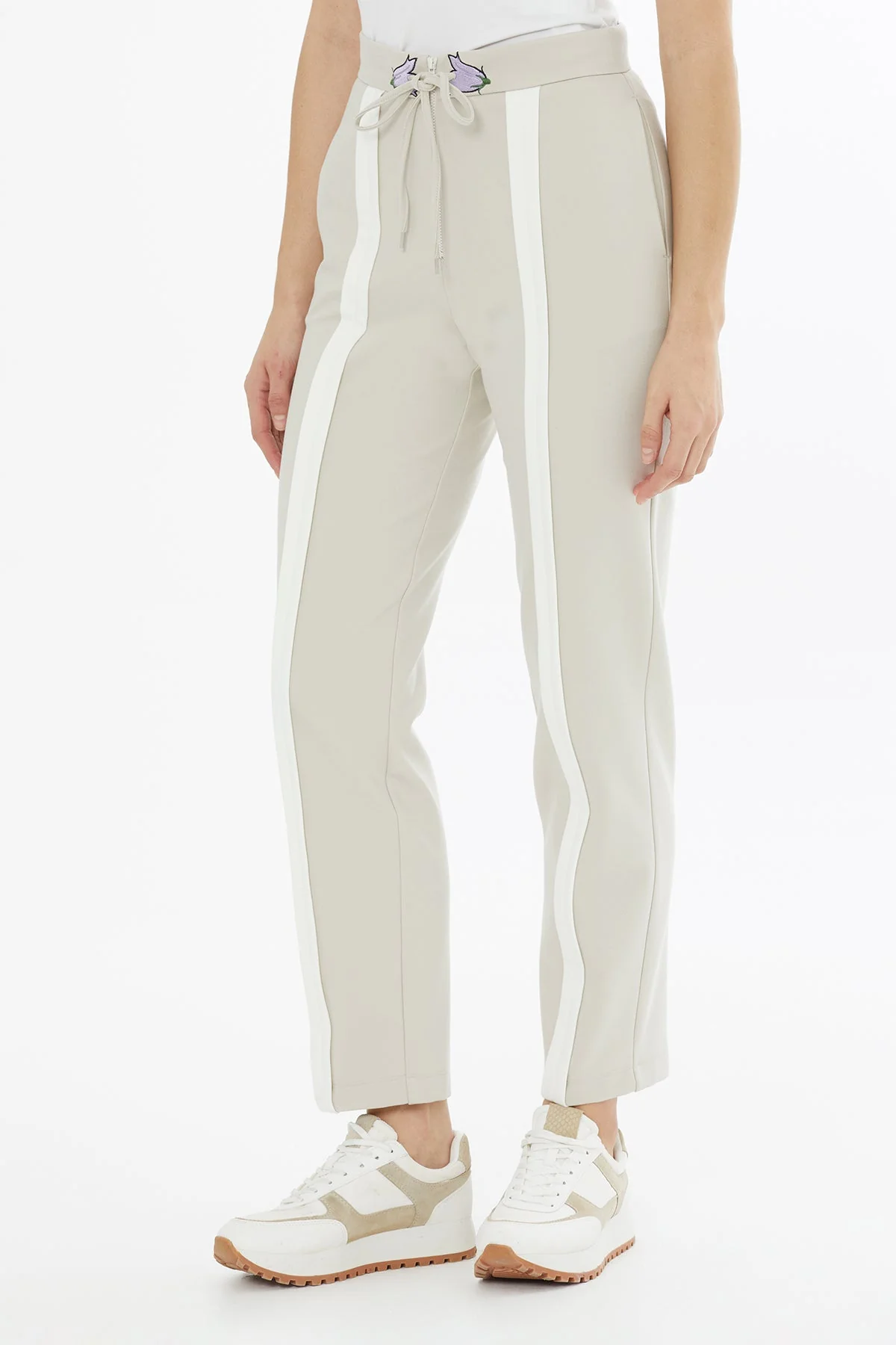Beige Drawstring Embroidered Sweatpants - Image 3