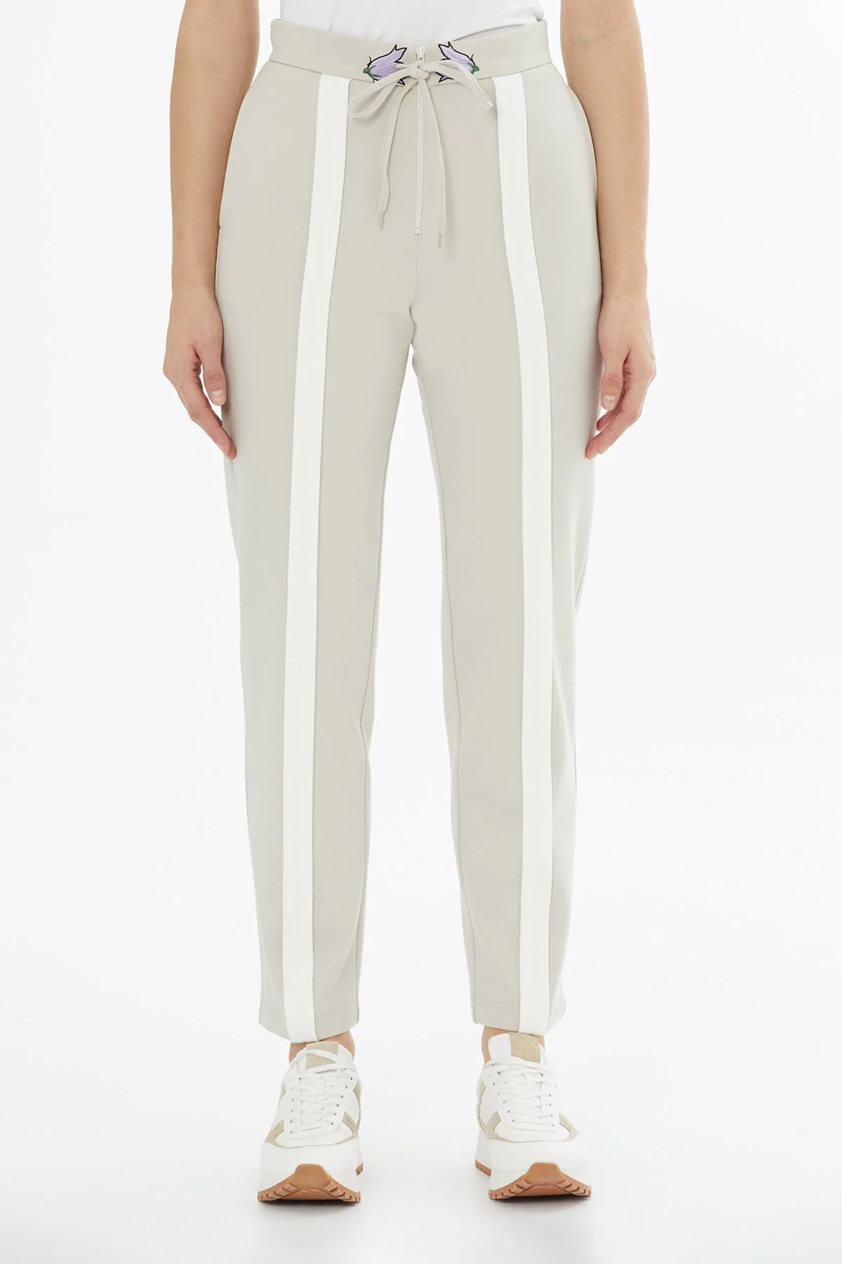 Beige Drawstring Embroidered Sweatpants - Image 4
