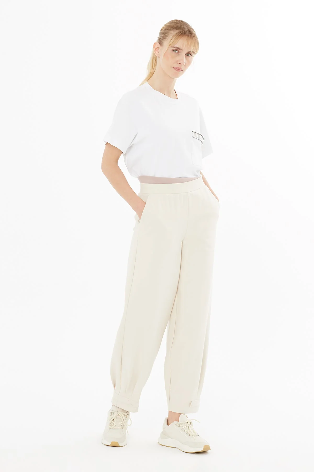 Beige Elastic-Hem Wide-Leg Sweatpants