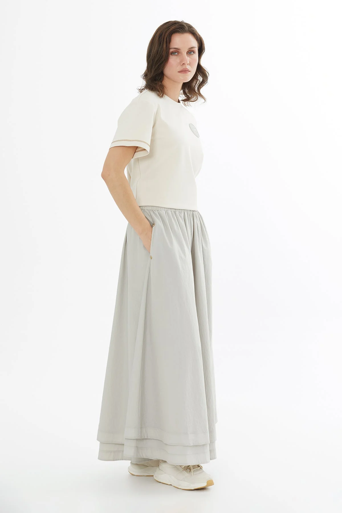 Beige Elastic Waist Maxi Skirt - Image 2