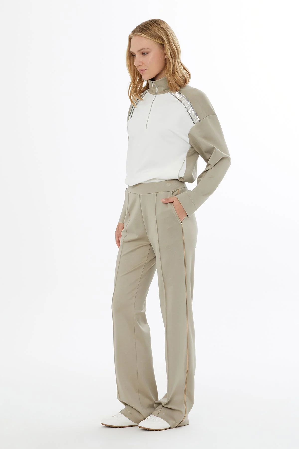 Beige Elastic-Waist Wide-Leg Sweatpants - Image 2