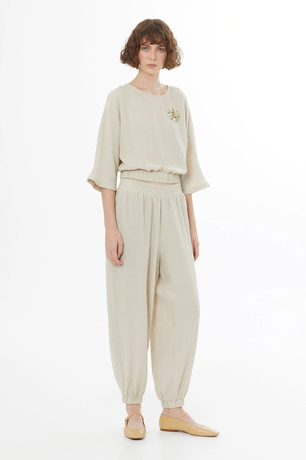 Beige Elasticated Waist Harem Trousers