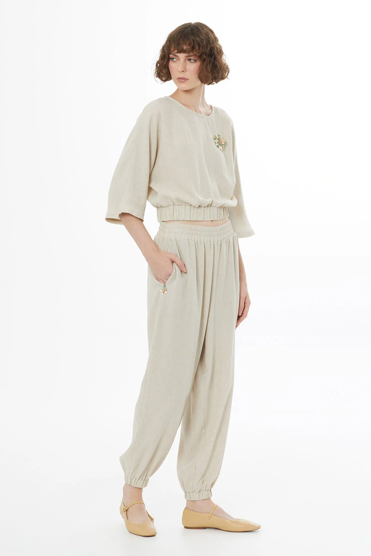Beige Elasticated Waist Harem Trousers - Image 4
