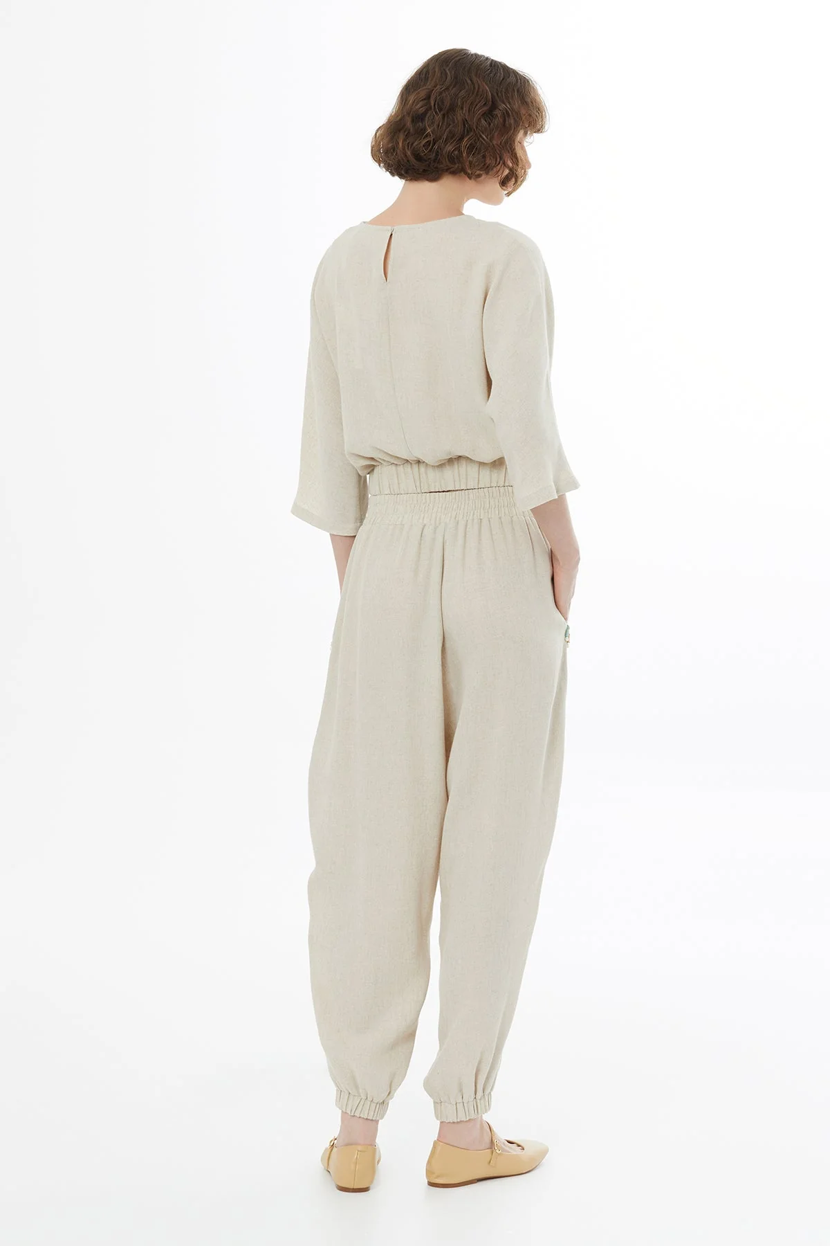 Beige Elasticated Waist Harem Trousers - Image 5