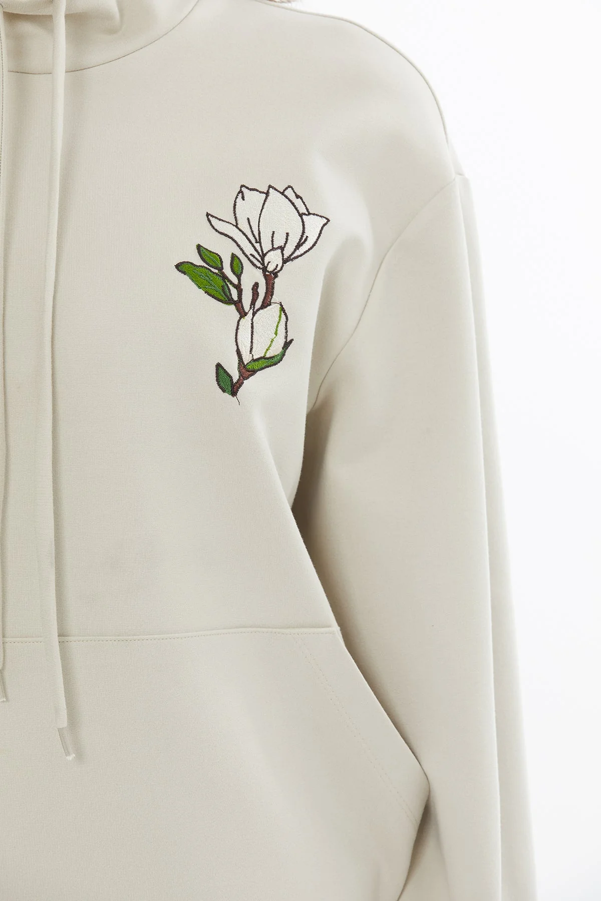 Beige Embroidered Drawstring Knit-Trim Sweatshirt - Image 2