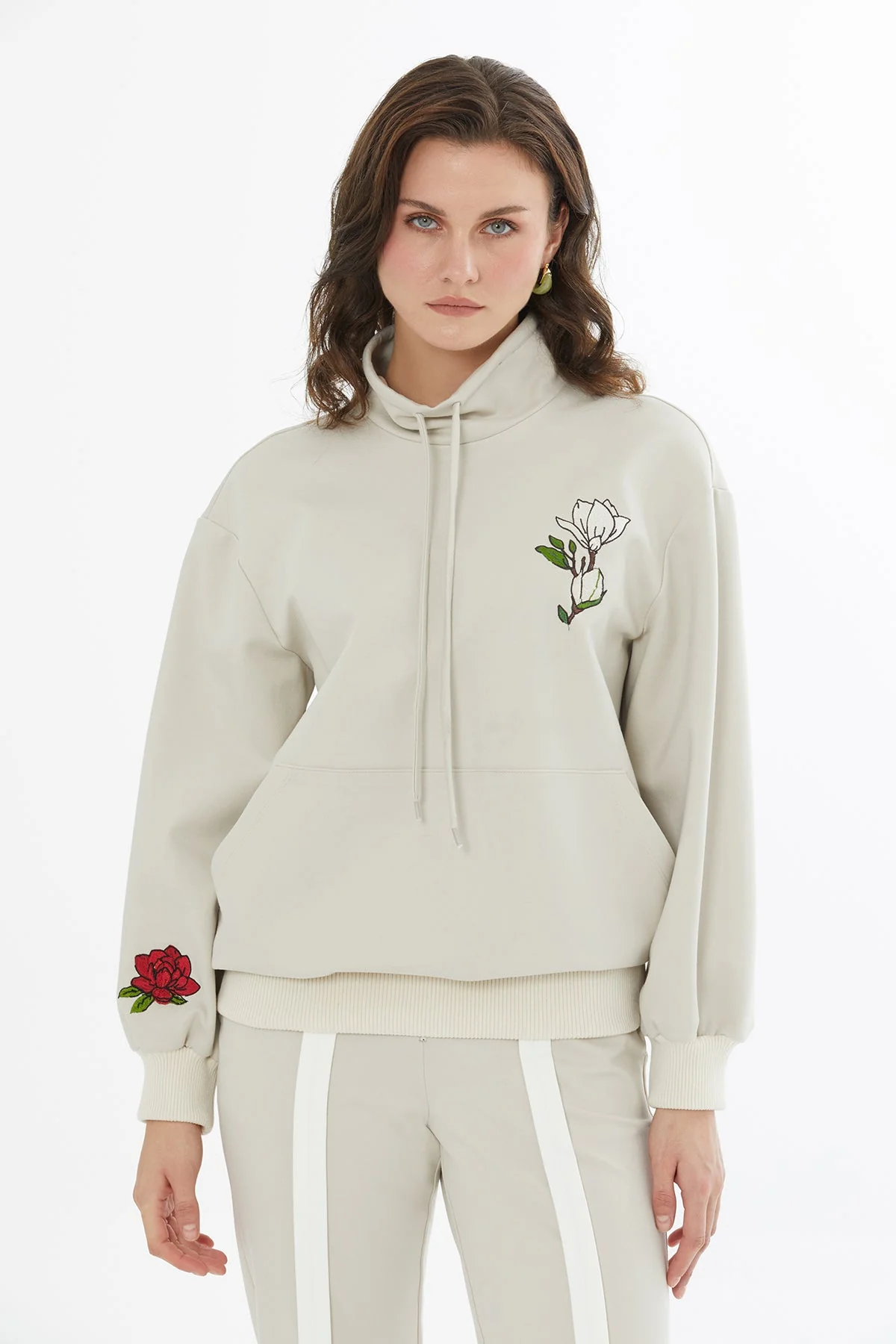 Beige Embroidered Drawstring Knit-Trim Sweatshirt - Image 3